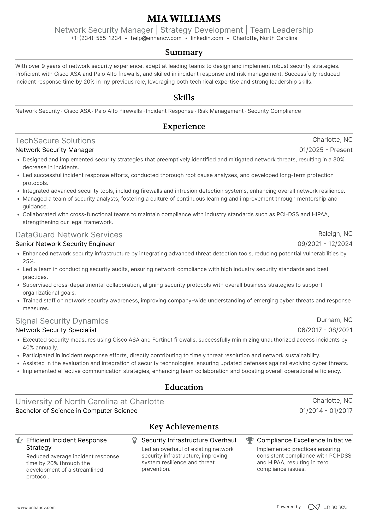 A resume example of a Network Security Manager