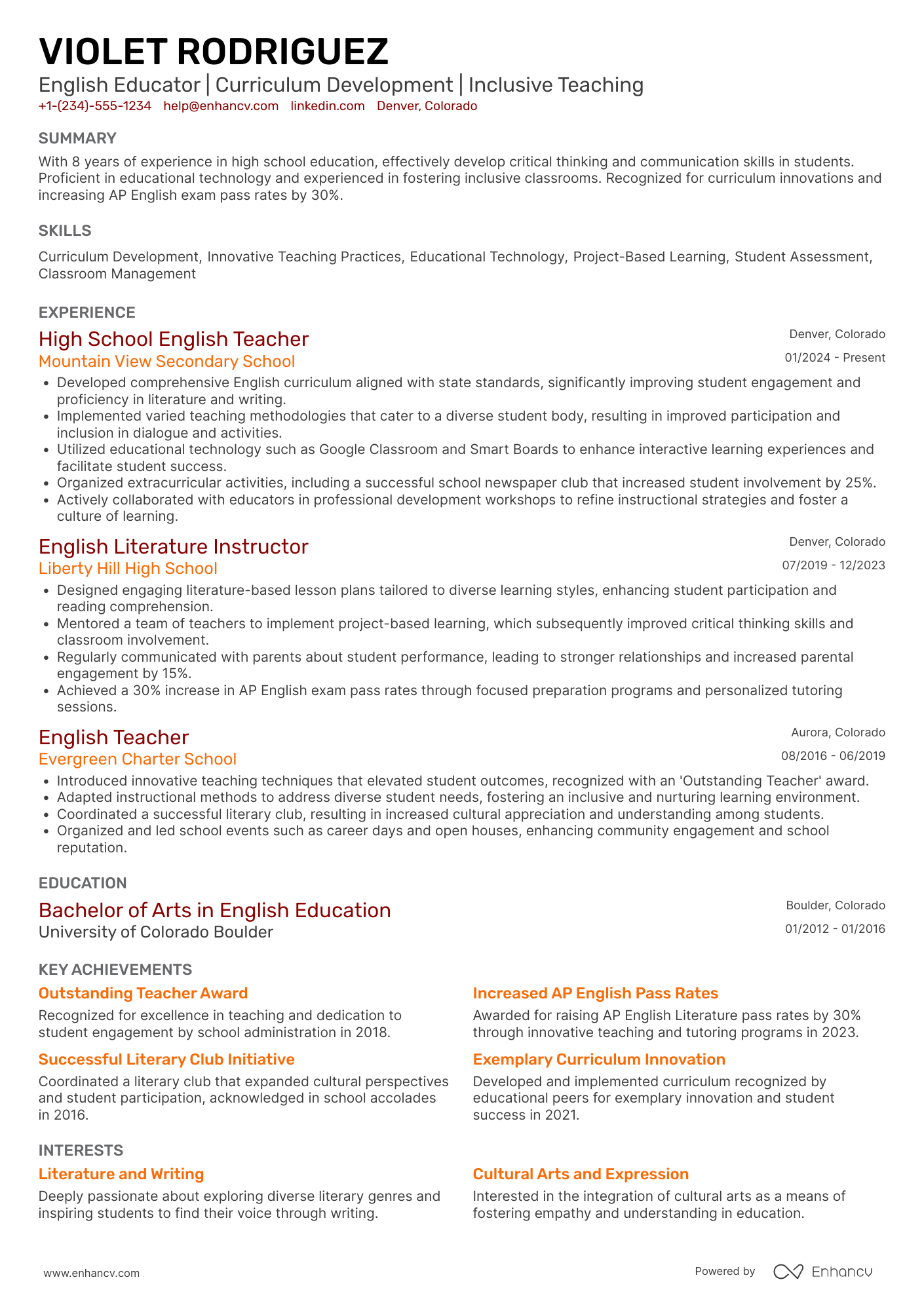 A resume example of a High School English Teacher