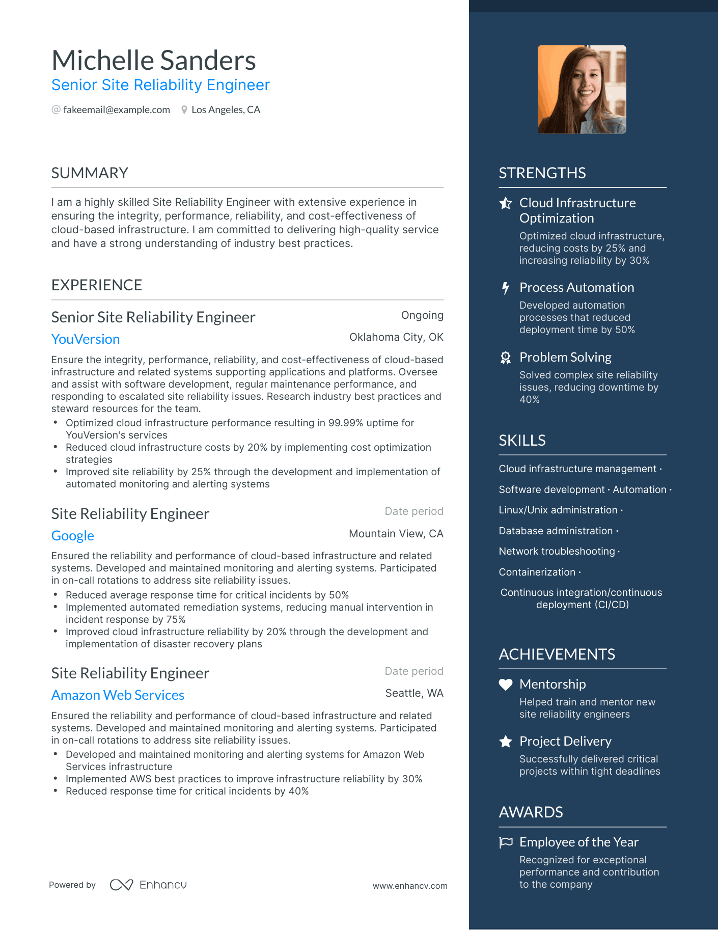 One Page Site Reliability Engineer Resume Template