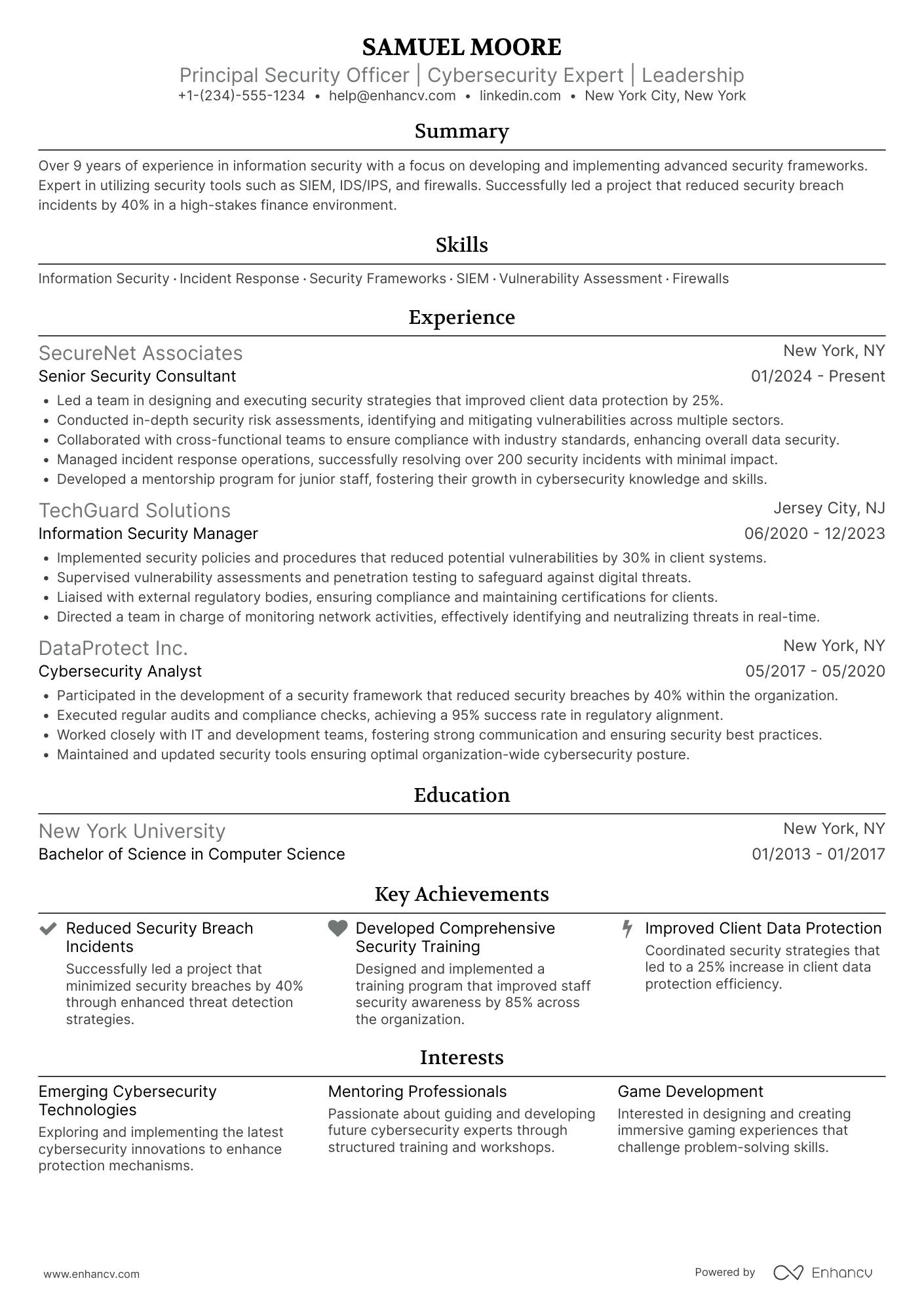 A resume example of a Principal Security Officer