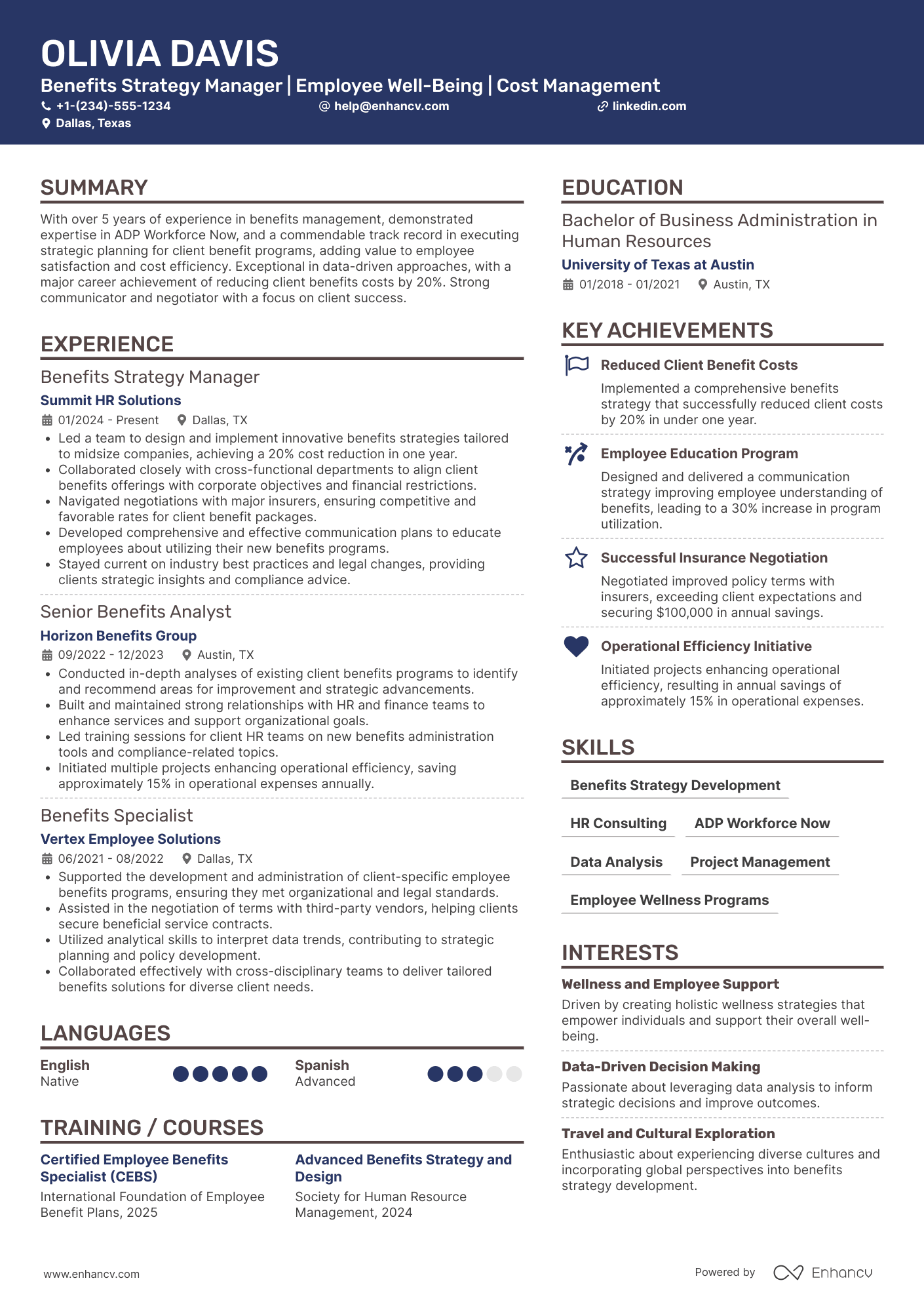 A resume example of a Benefits Strategy Manager