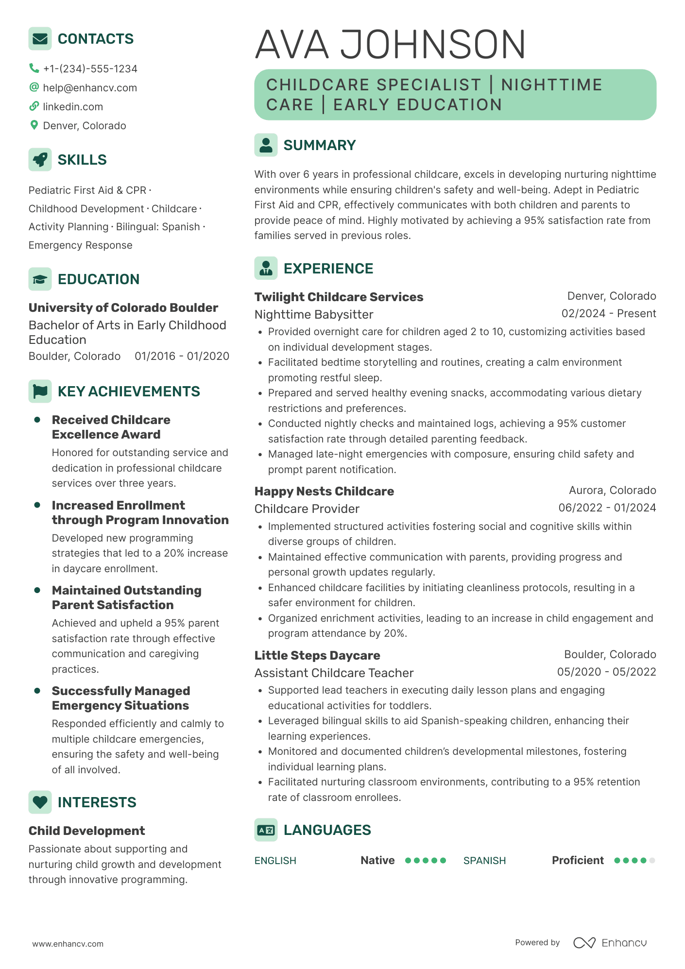 A resume example of a Nighttime Babysitter