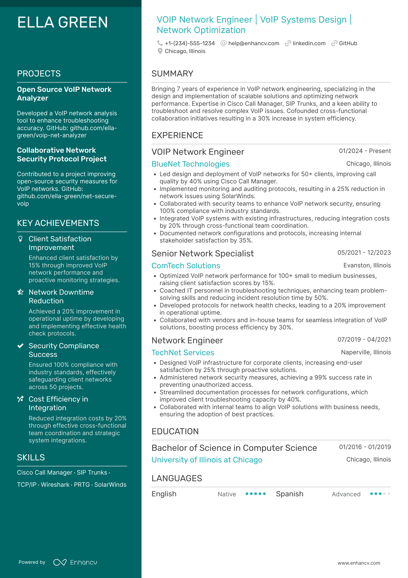 A resume example of a VOIP Network Engineer