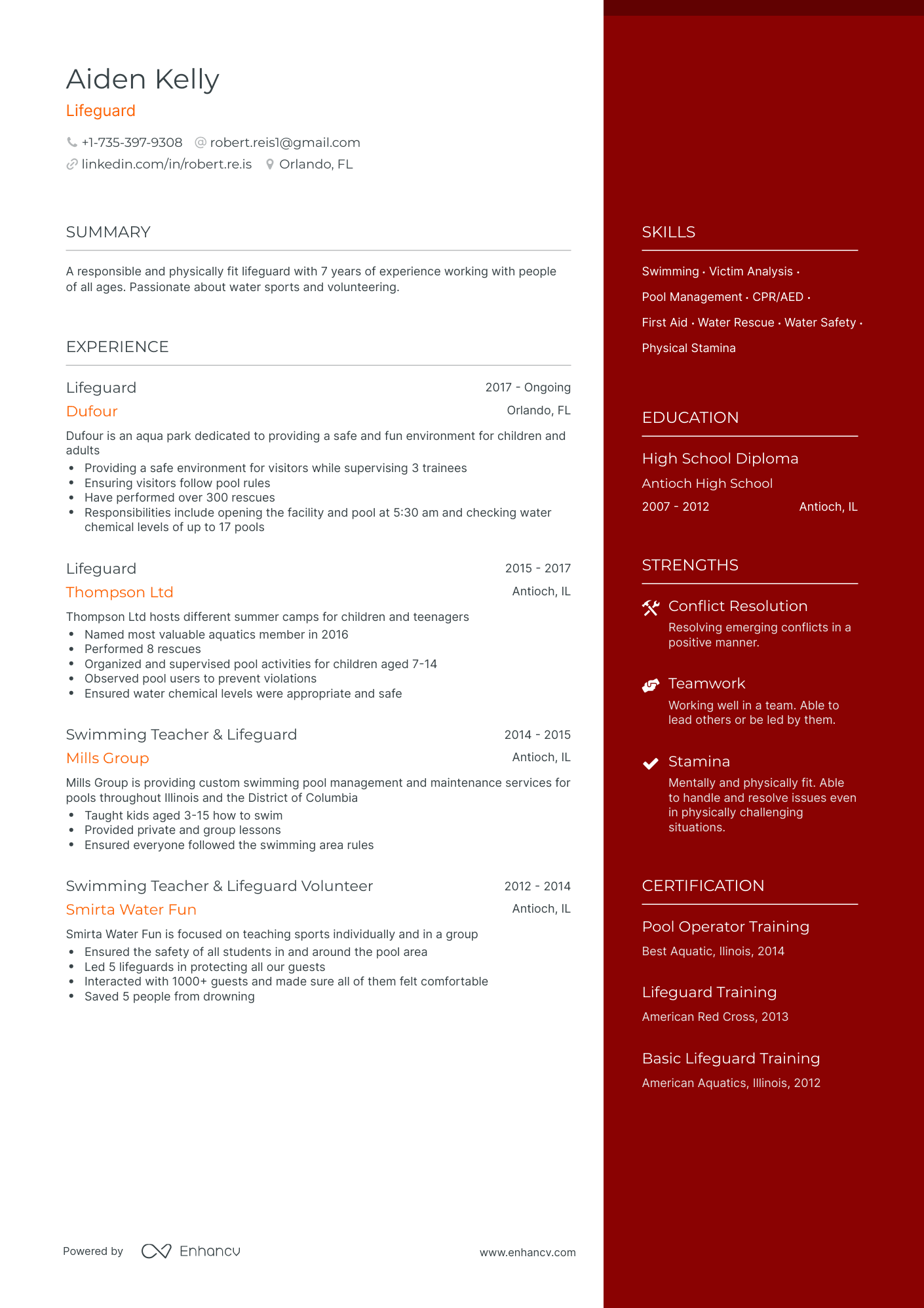 One Page Lifeguard Resume Template
