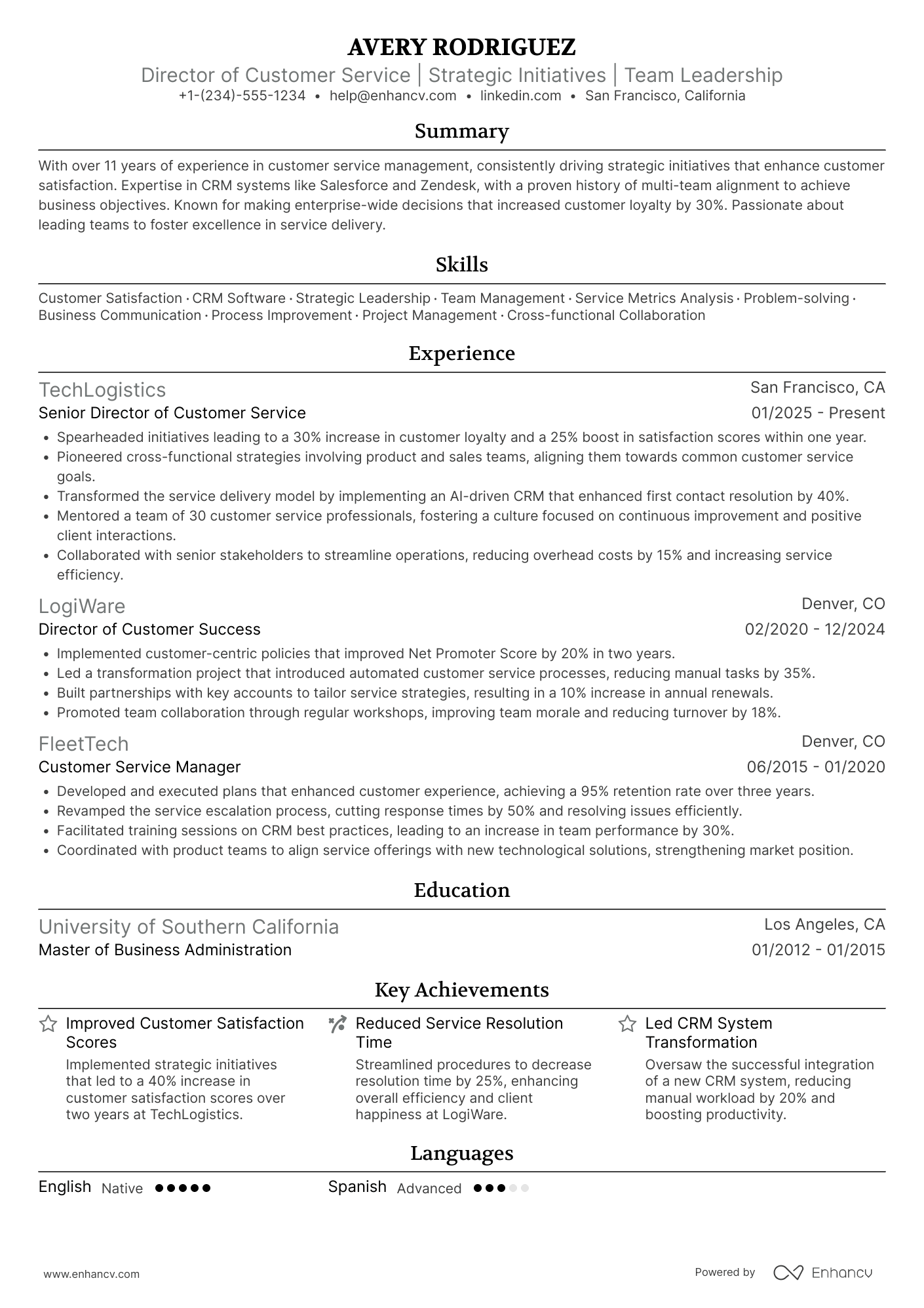 A resume example of a Director of Customer Service