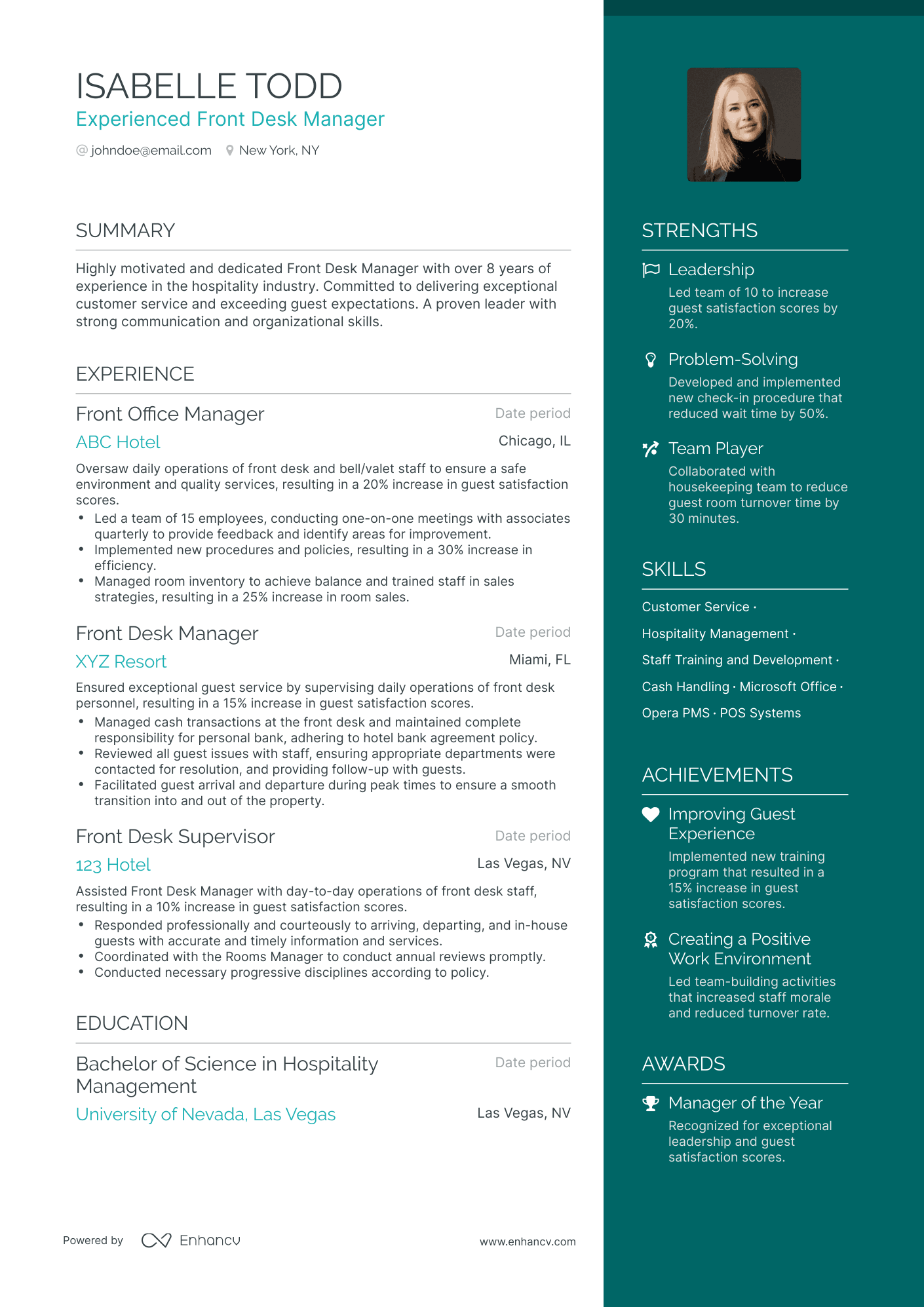 One Page Front Desk Manager Resume Template