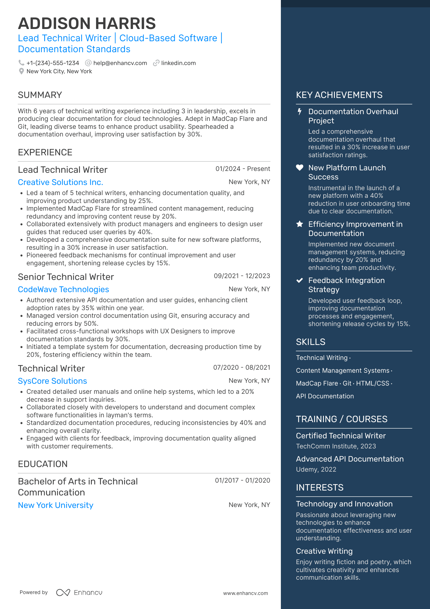A resume example of a Lead Technical Writer