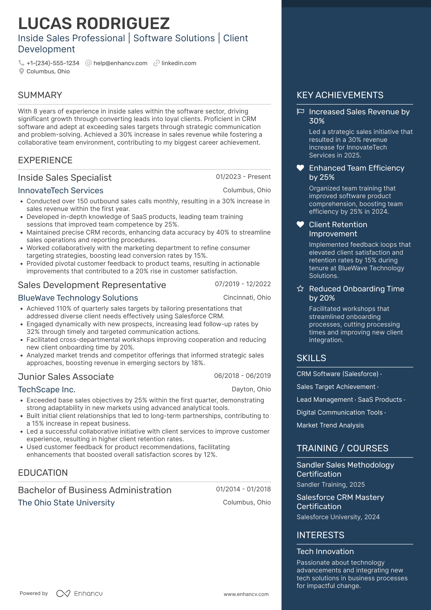 A resume example of a Inside Sales Representative