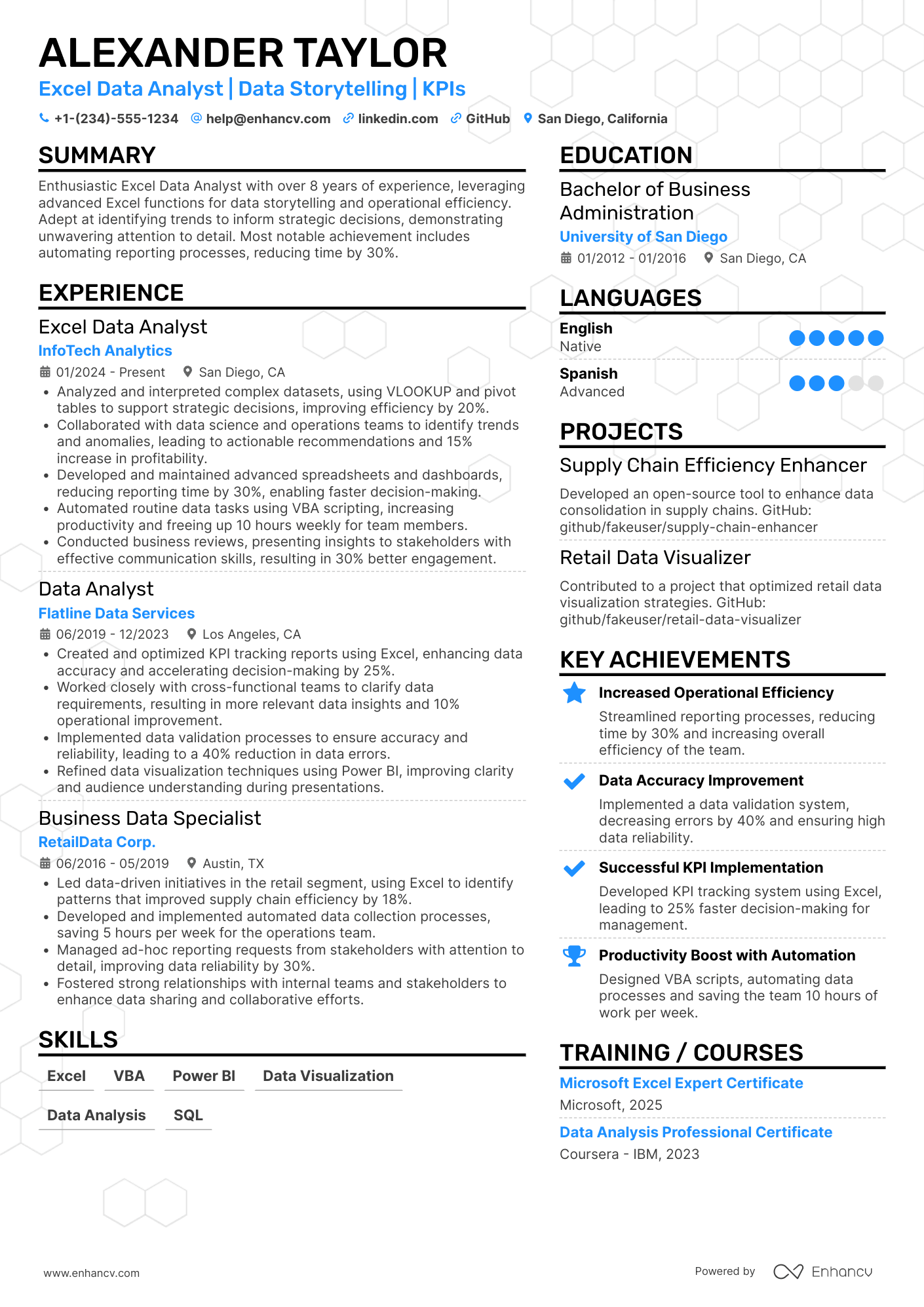 A resume example of a Excel Data Analyst