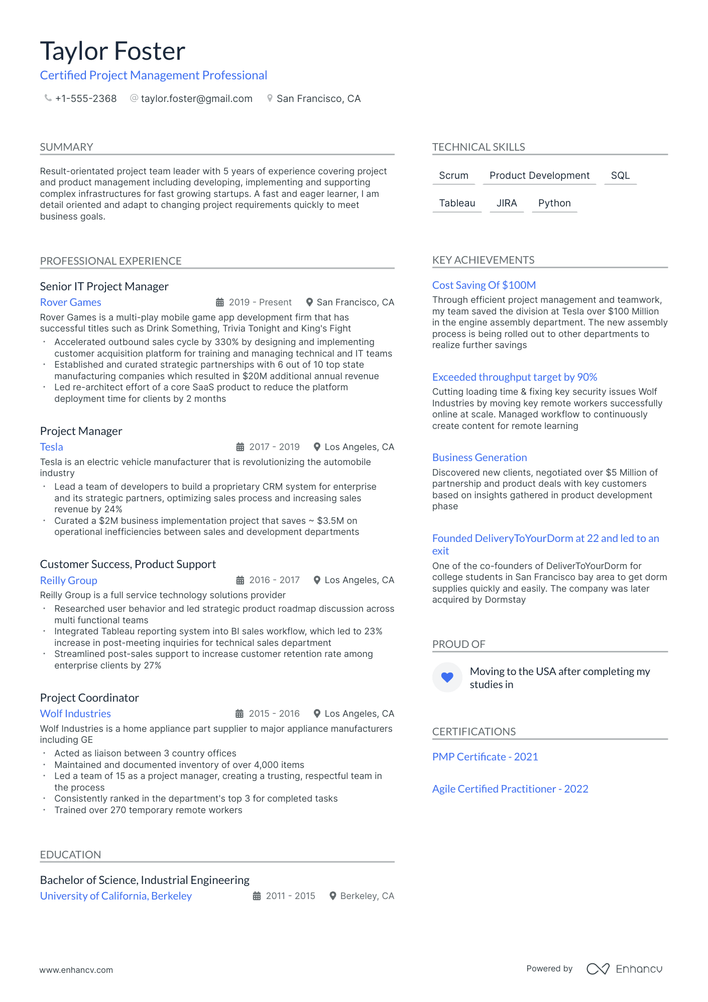 project manager resume description