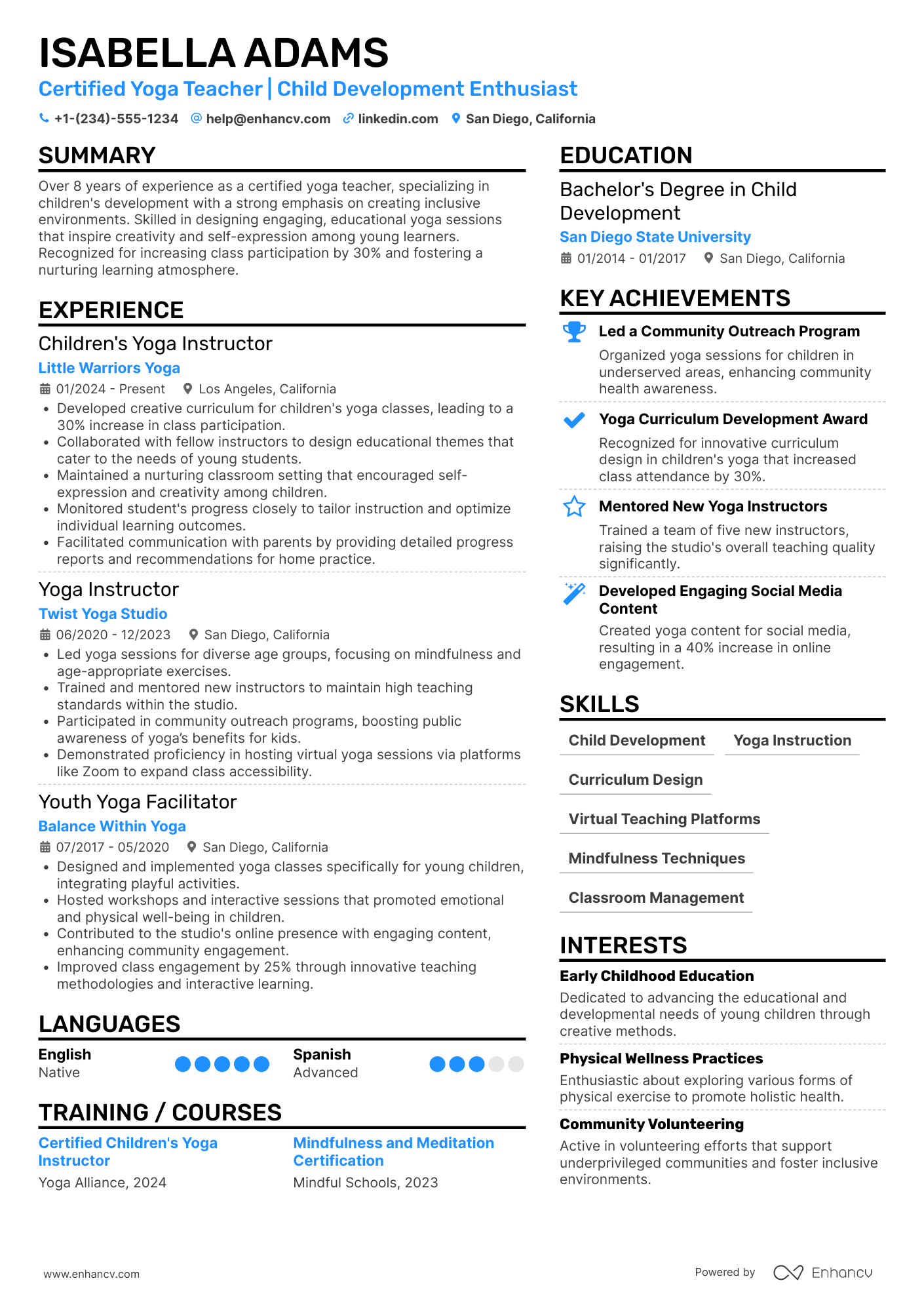 A resume example of a Yoga Teacher for Kids