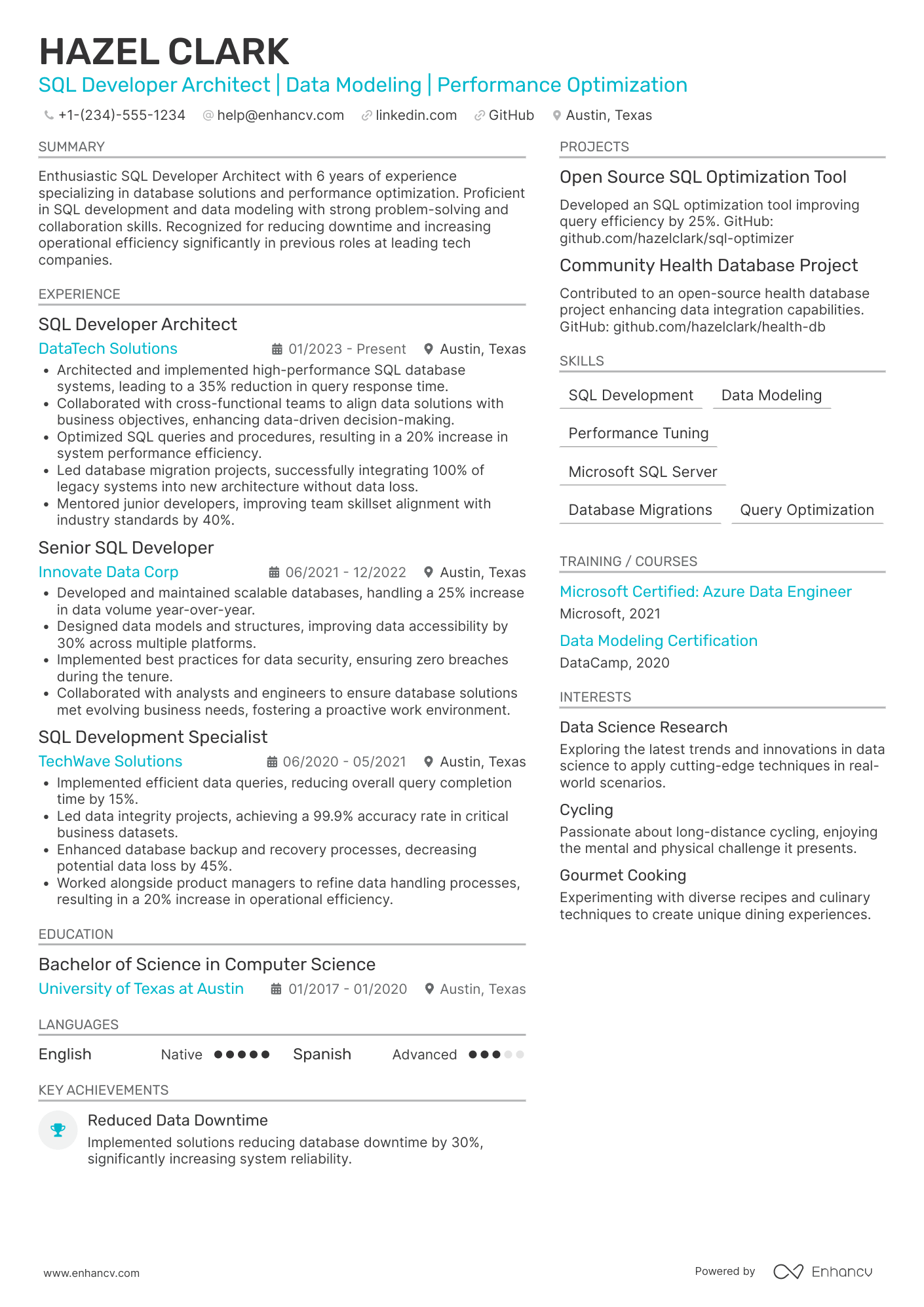 A resume example of a SQL Developer Architect