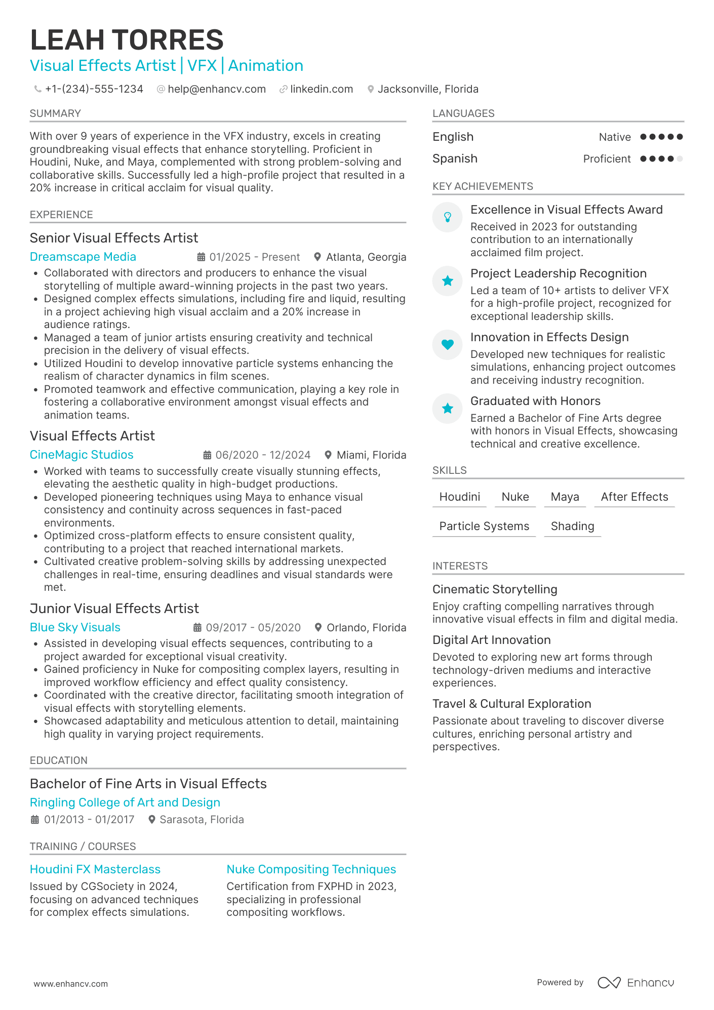 A resume example of a Visual Effects Artist