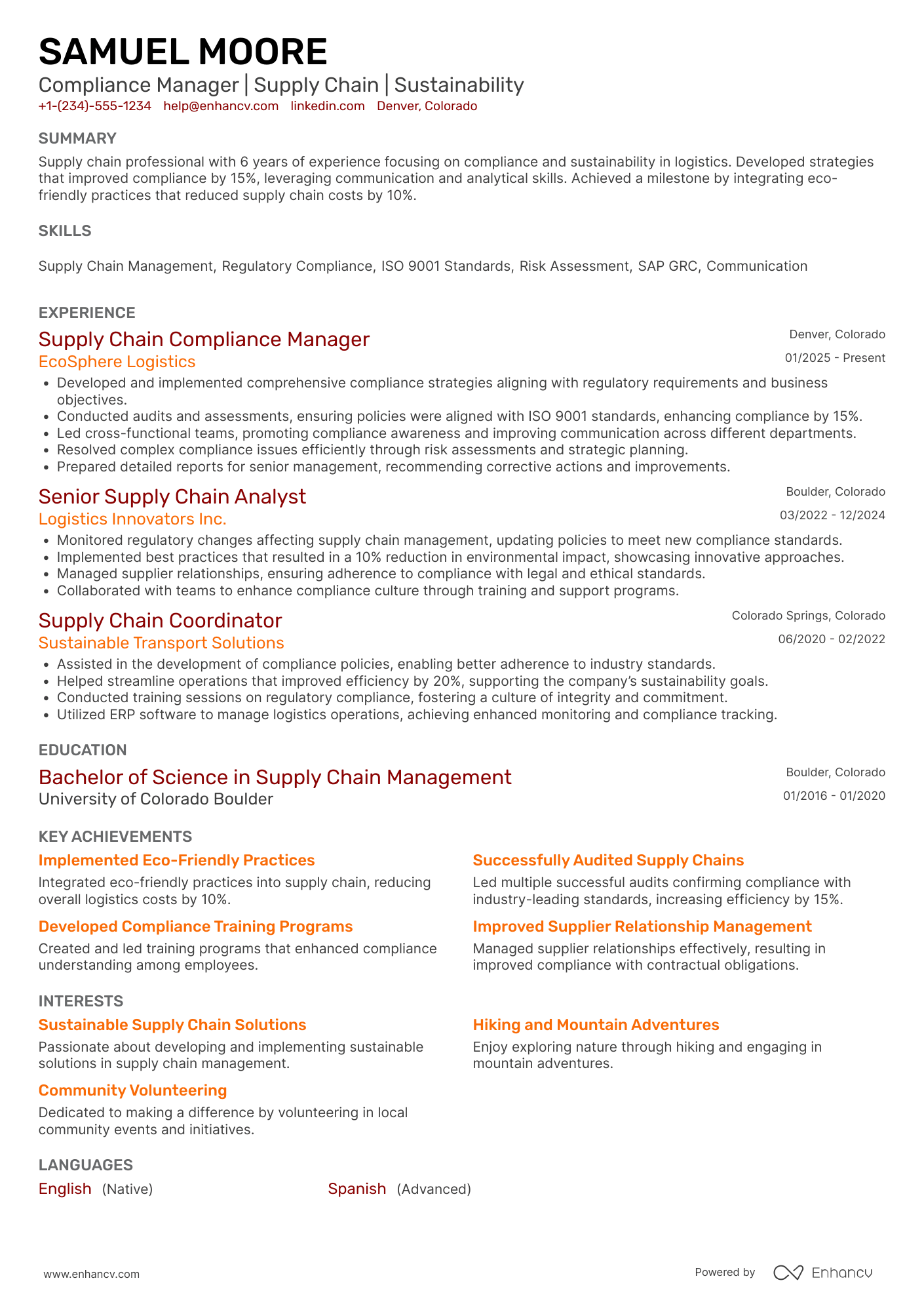 A resume example of a Supply Chain Compliance Manager