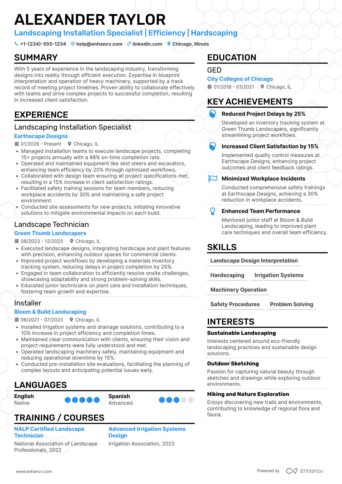 A resume example of a Landscaping Installation Specialist