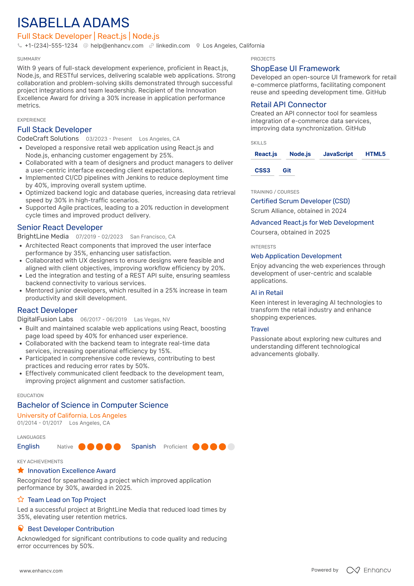 A resume example of a React Full Stack Developer