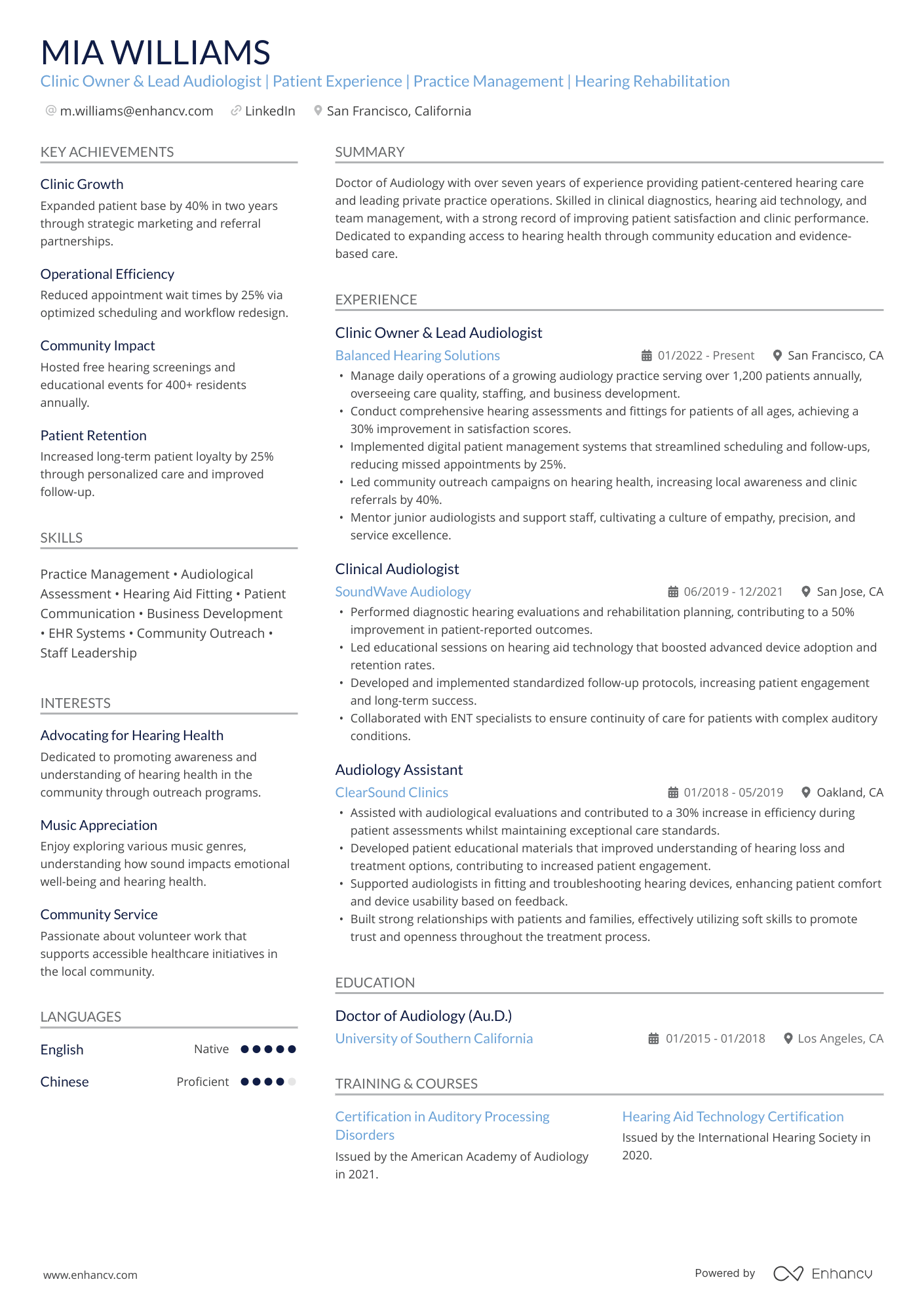 A resume example of a Private Practice Audiologist