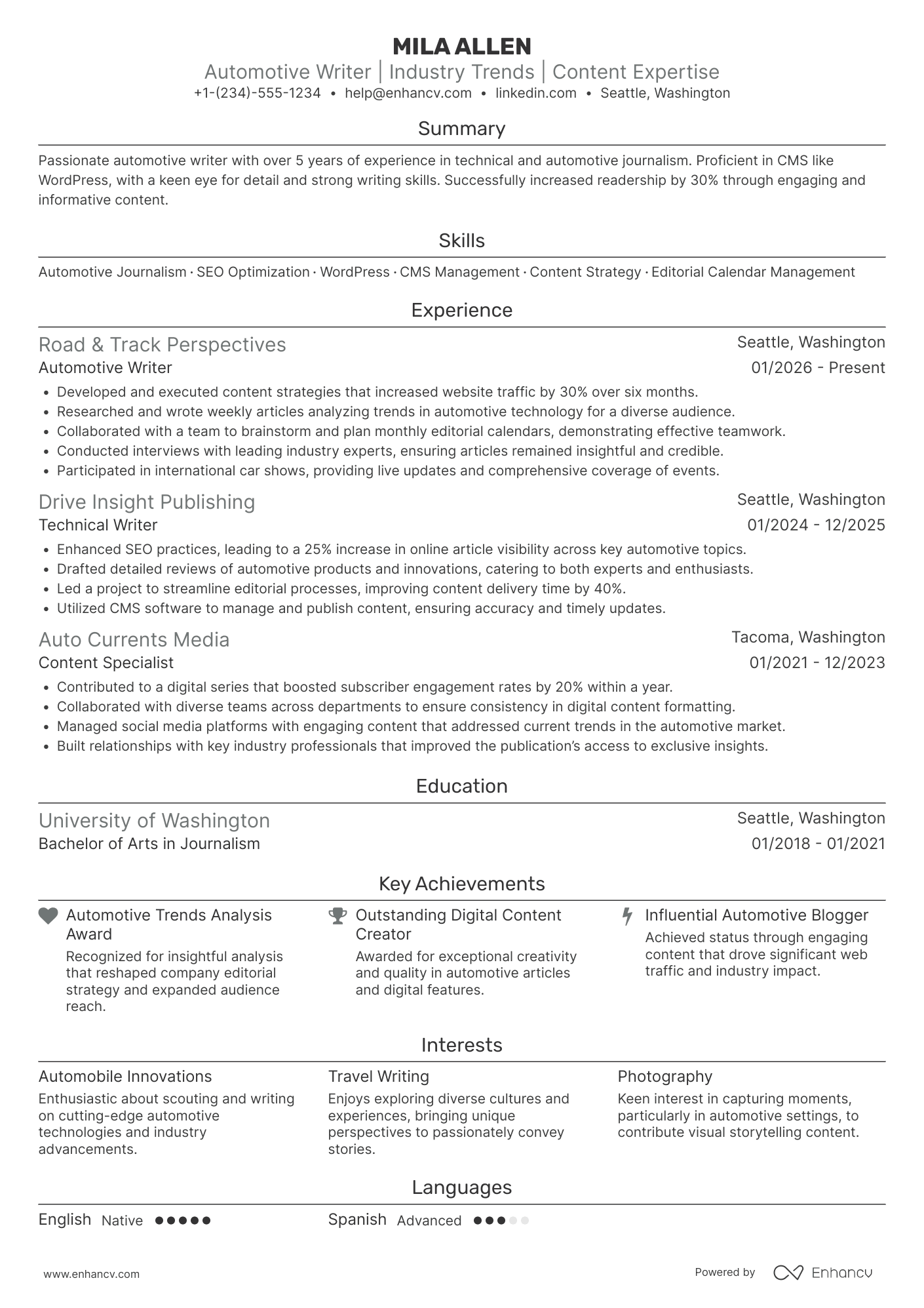 A resume example of a Automotive Writer