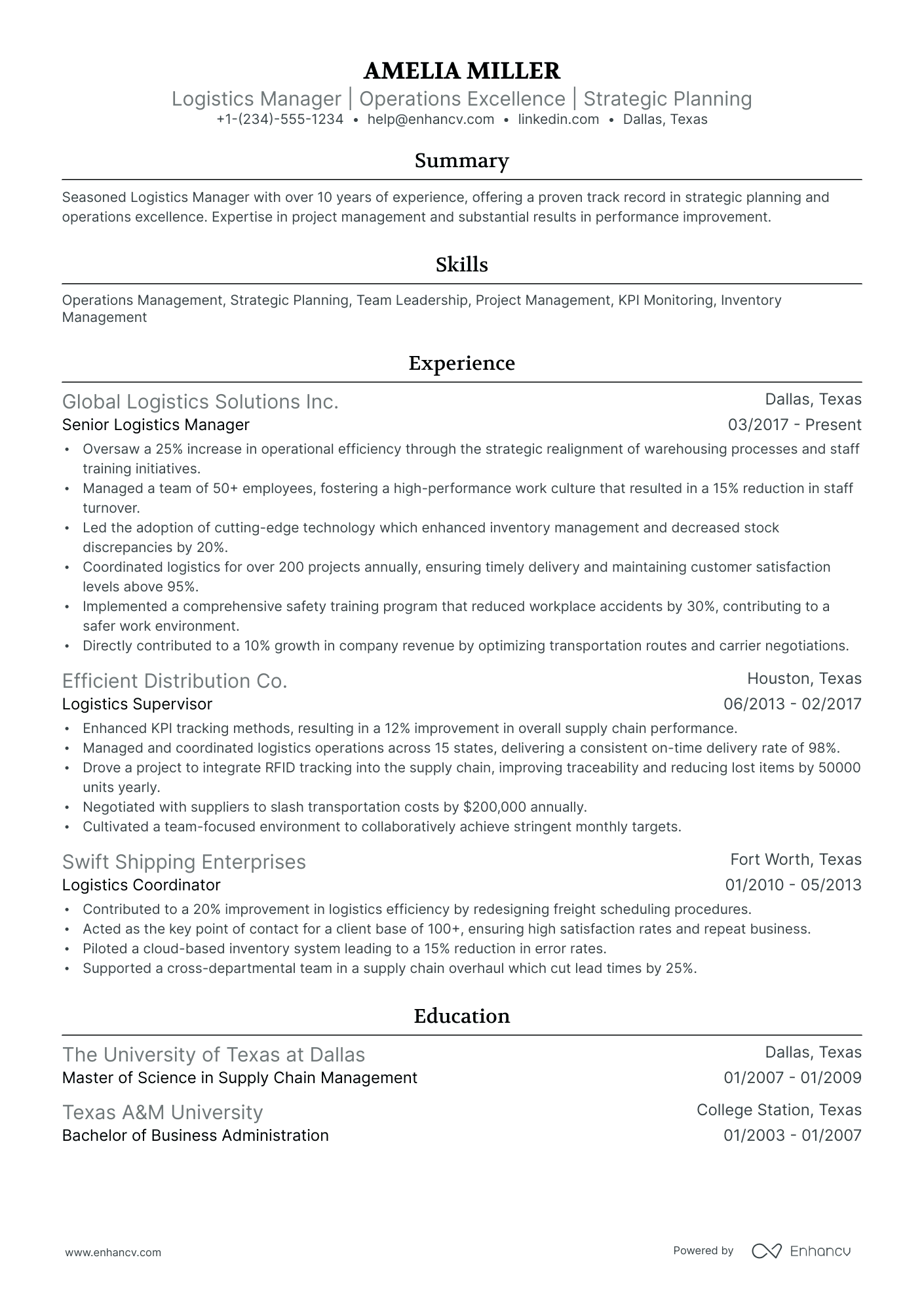 resume examples for logistics management