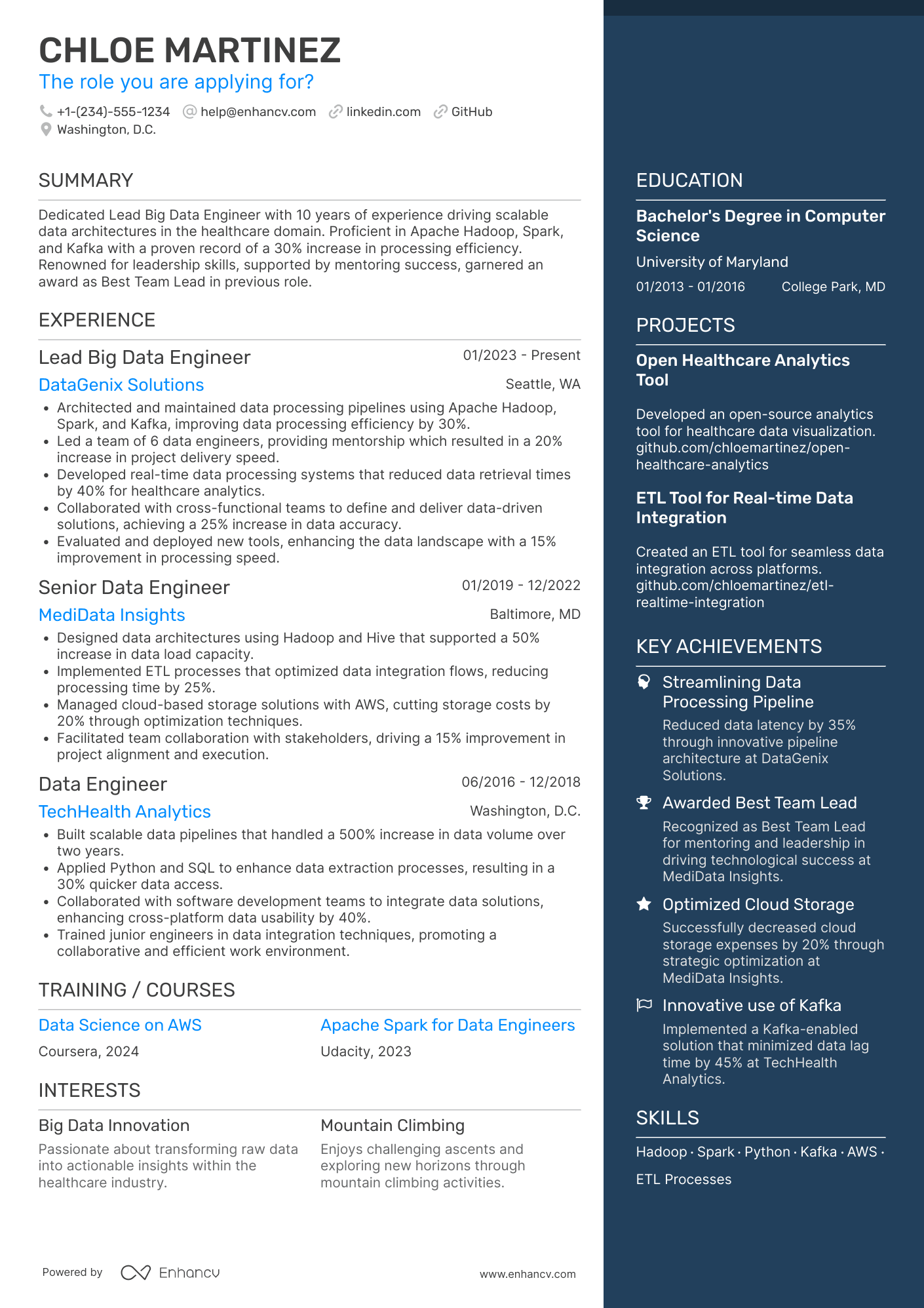 A resume example of a Lead Big Data Engineer