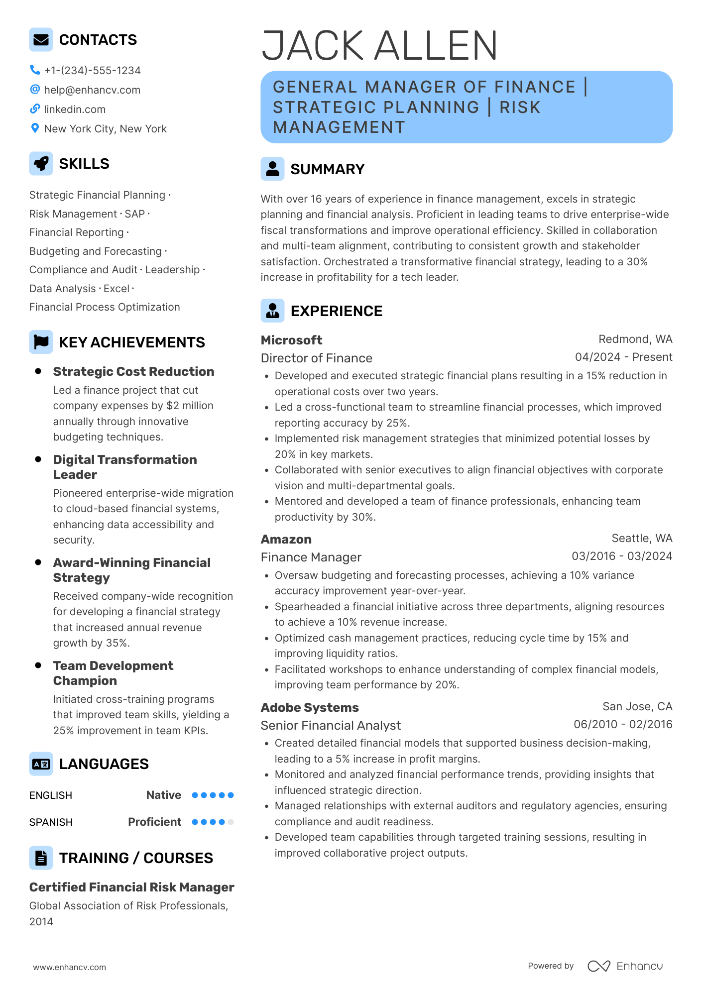 A resume example of a General Manager of Finance