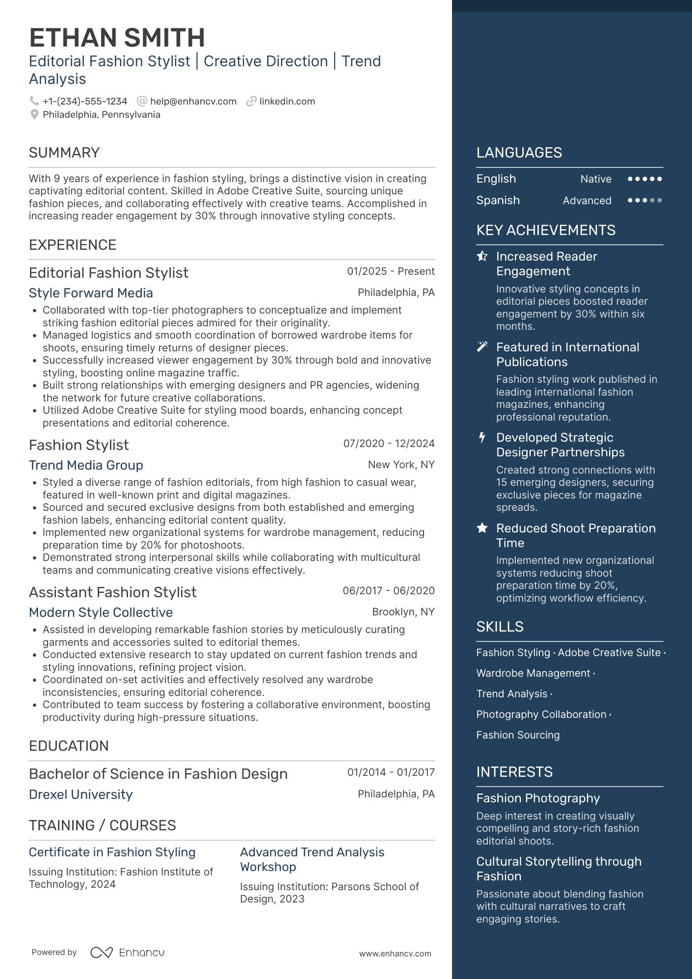 A resume example of a Editorial Fashion Stylist