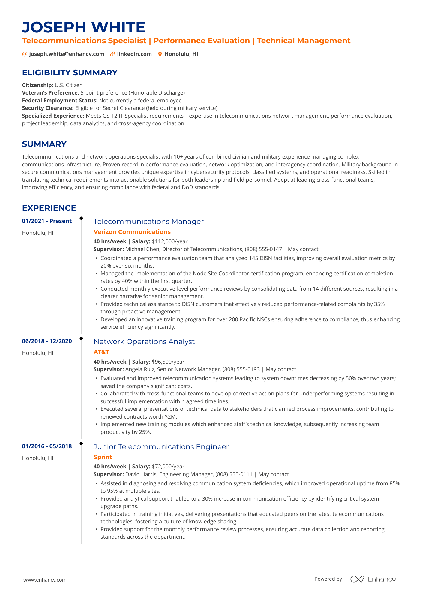 A resume example of a Telecommunications Specialist