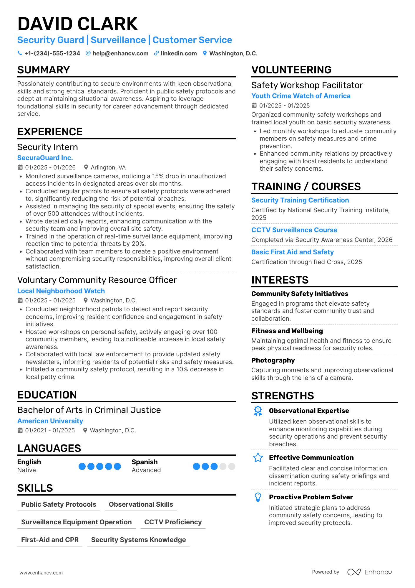 A resume example of a Entry Level Security Guard
