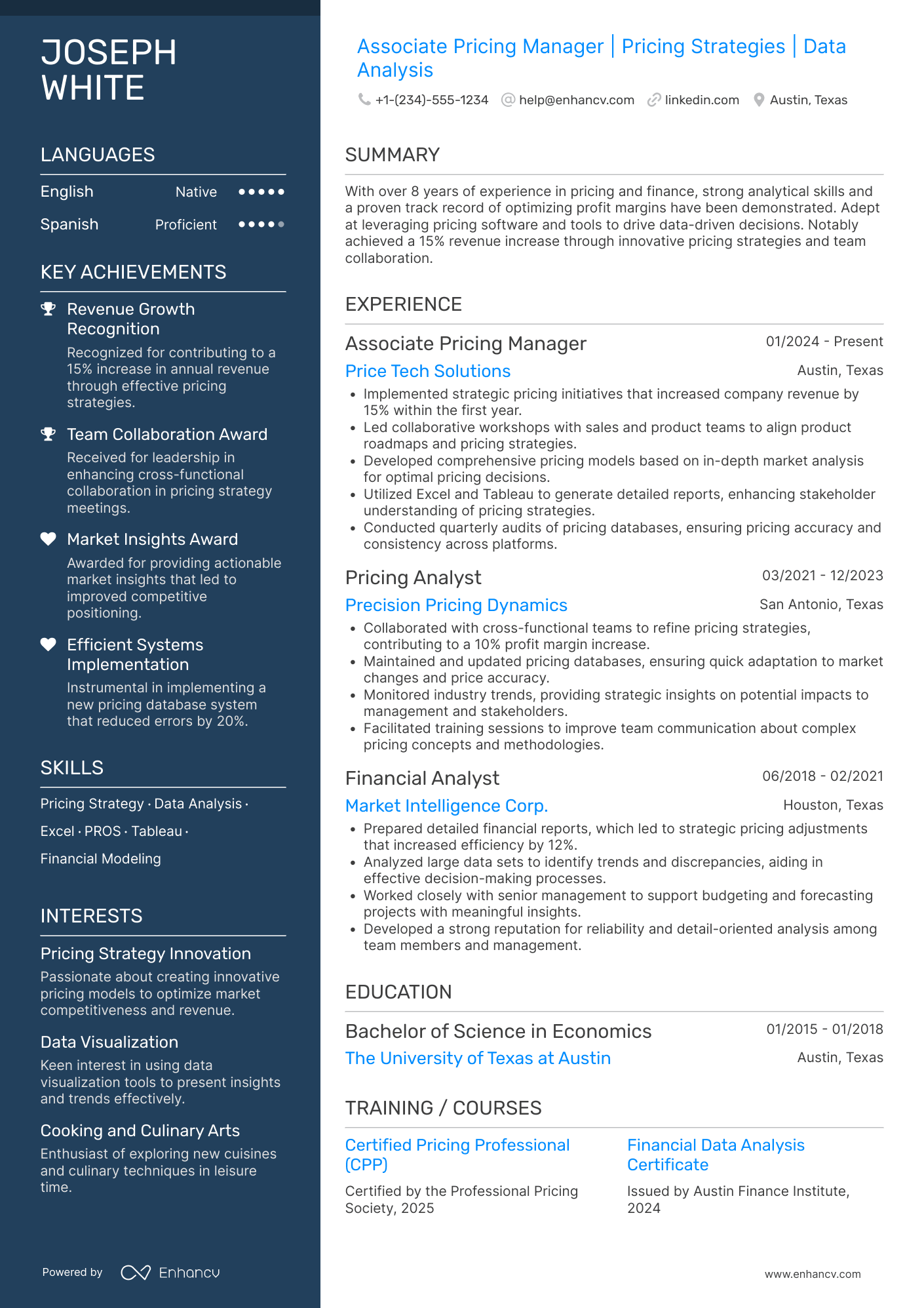 A resume example of a Associate Pricing Manager