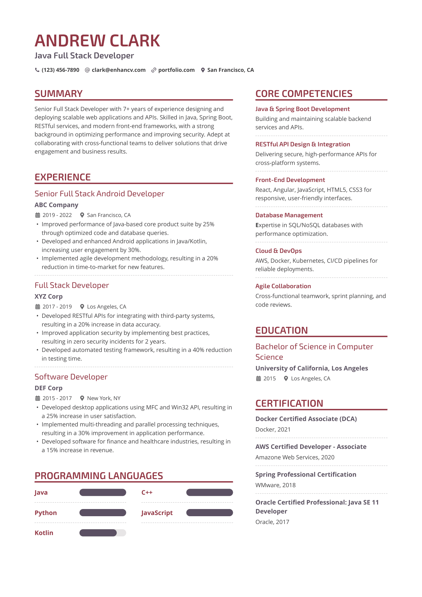 A resume example of a Java Full Stack Developer