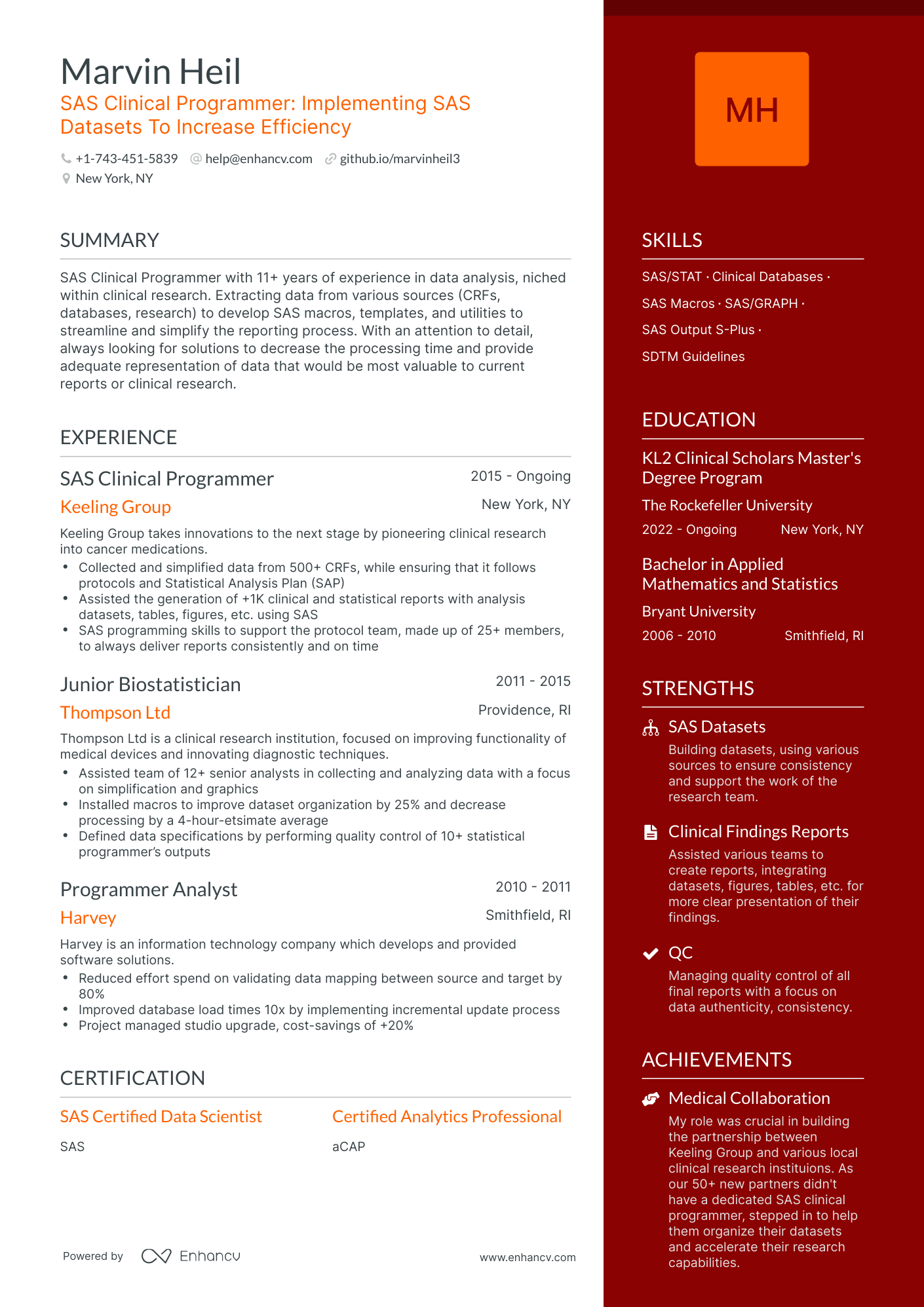 One Page SAS Clinical Programmer Resume Template