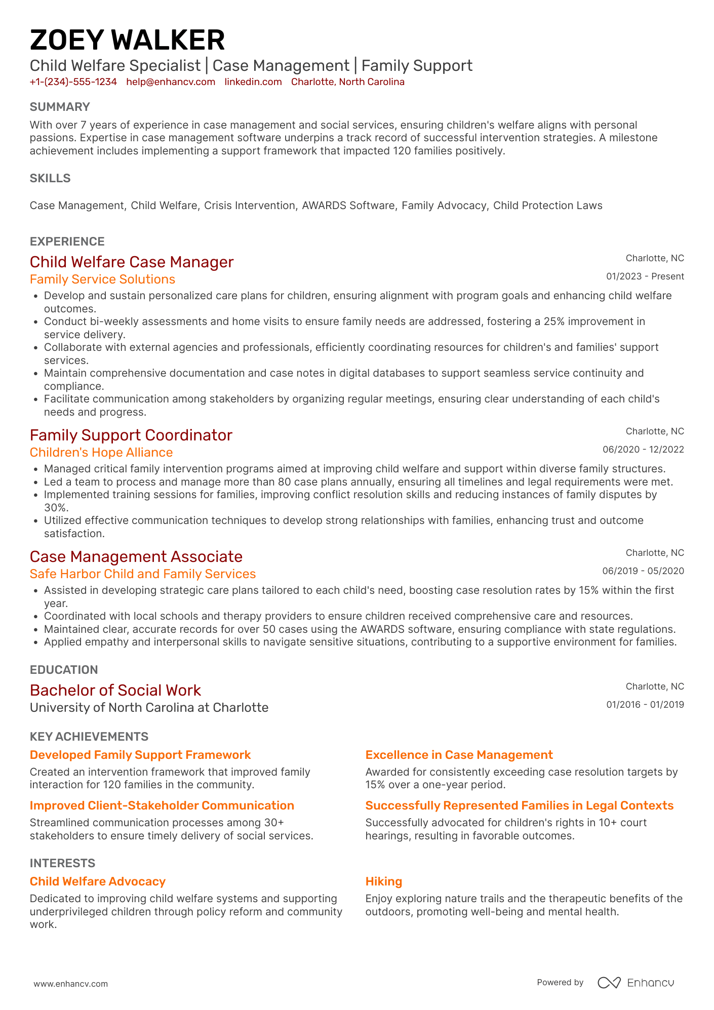 A resume example of a Child Care Case Manager