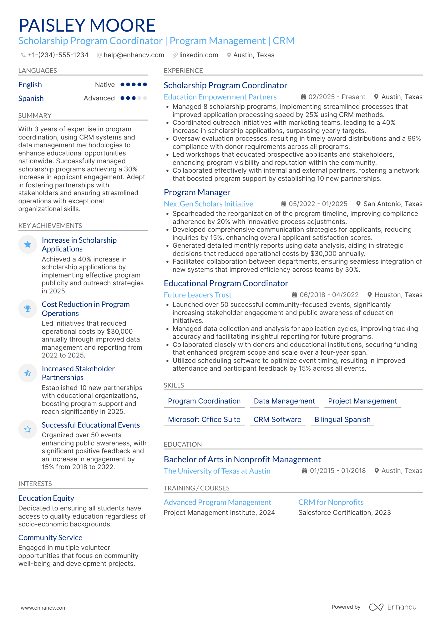 A resume example of a Scholarship Program Coordinator