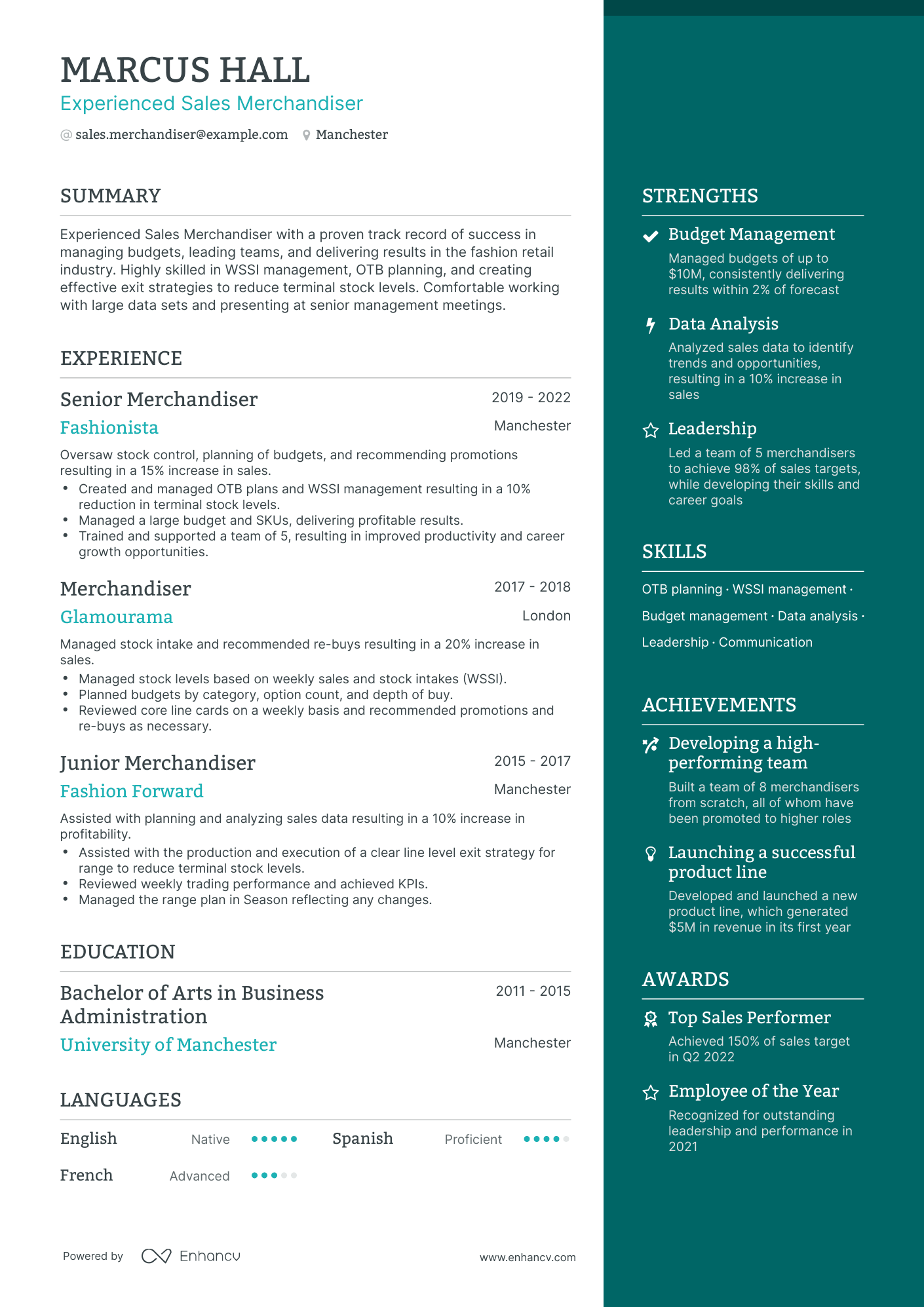 One Page Sales Merchandiser Resume Template