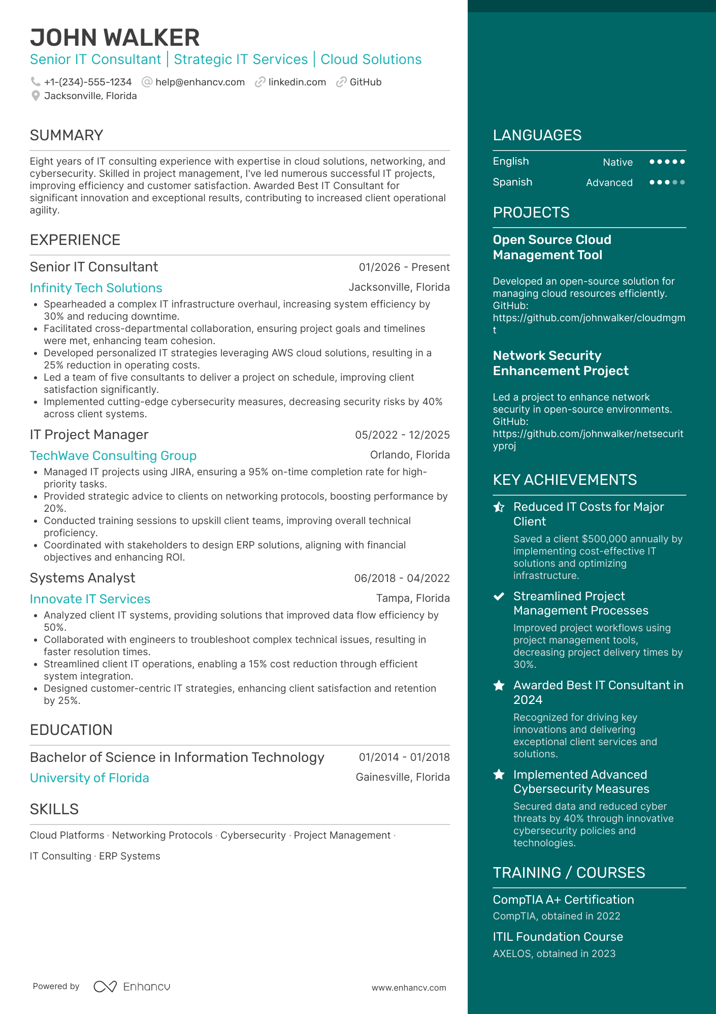 A resume example of a Freelance IT Consultant