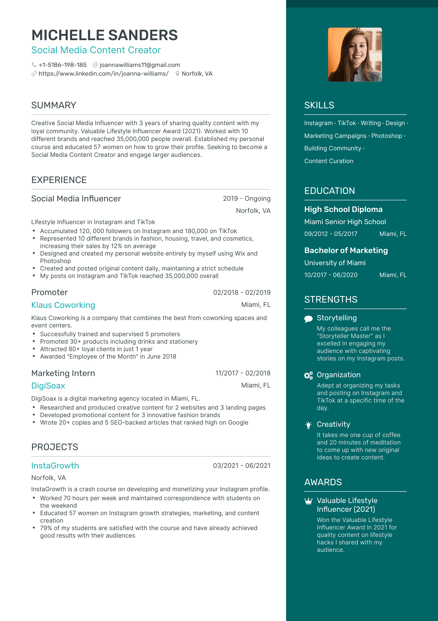 One Page Social Media Influencer Resume Template