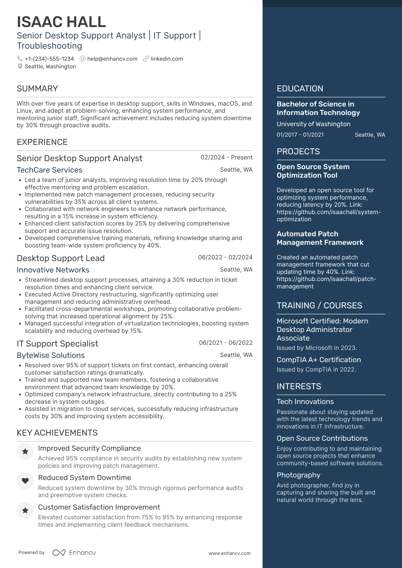 A resume example of a Senior Desktop Support Analyst