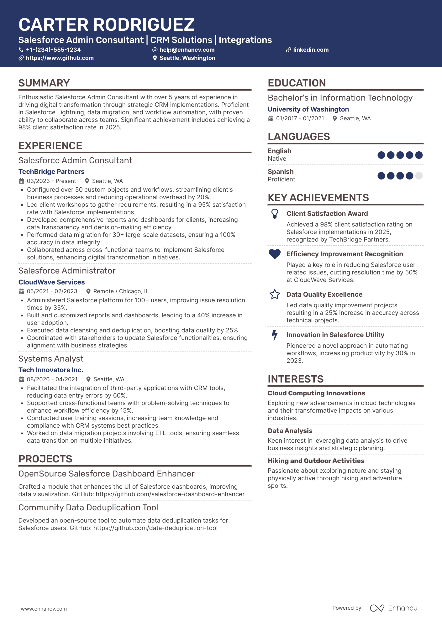 A resume example of a Salesforce Admin Consultant
