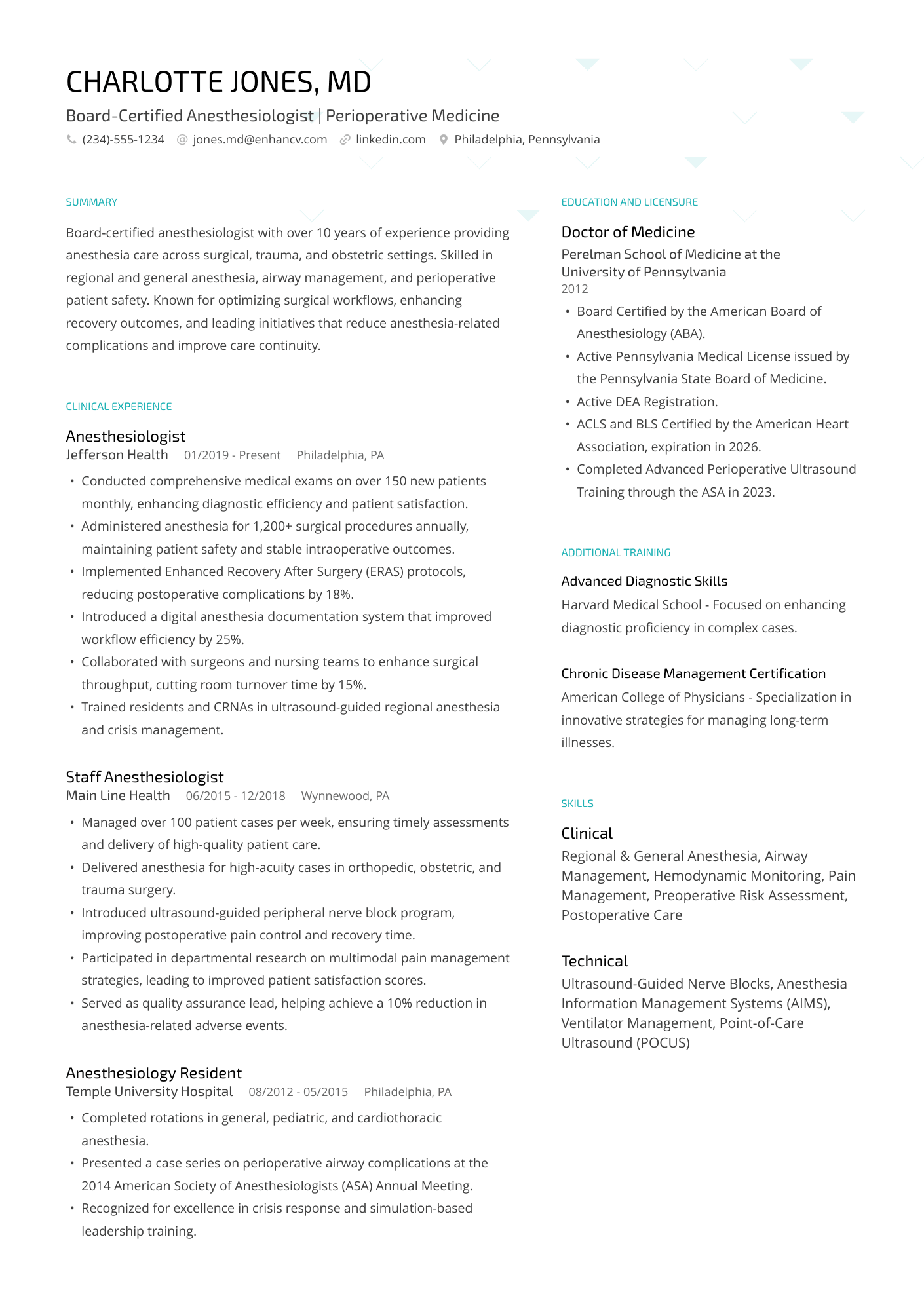 A resume example of a Anesthesiologist
