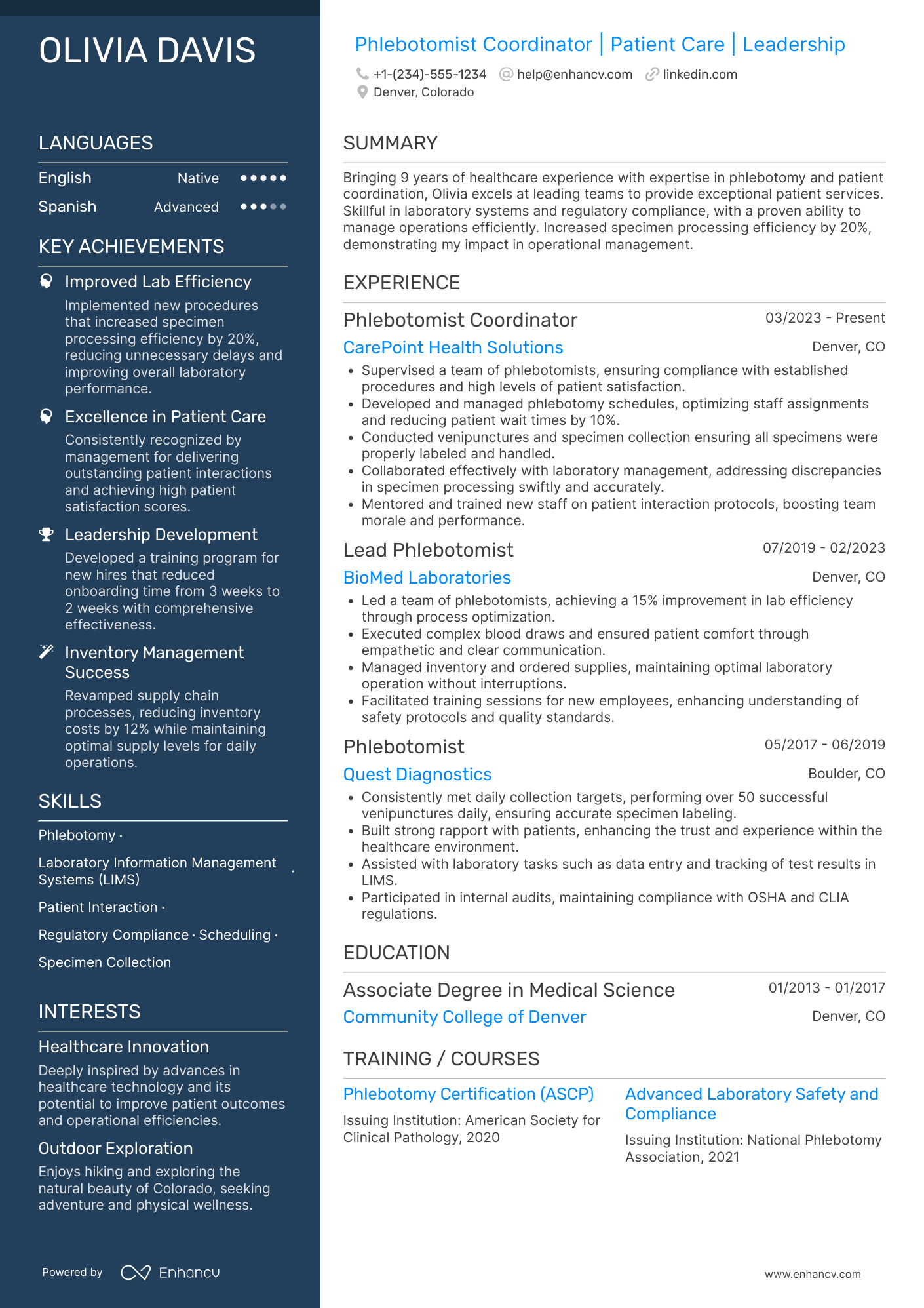 A resume example of a Phlebotomist Coordinator