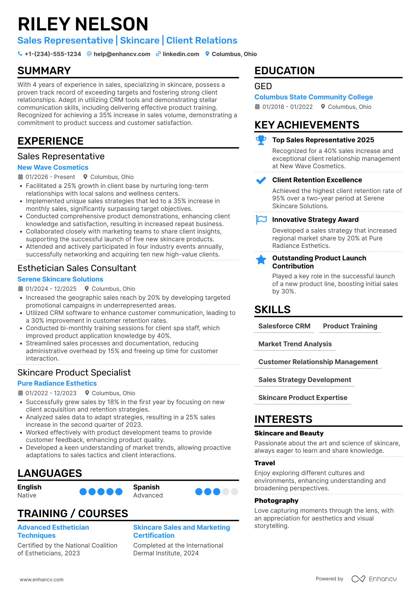 A resume example of a Esthetician Sales Representative