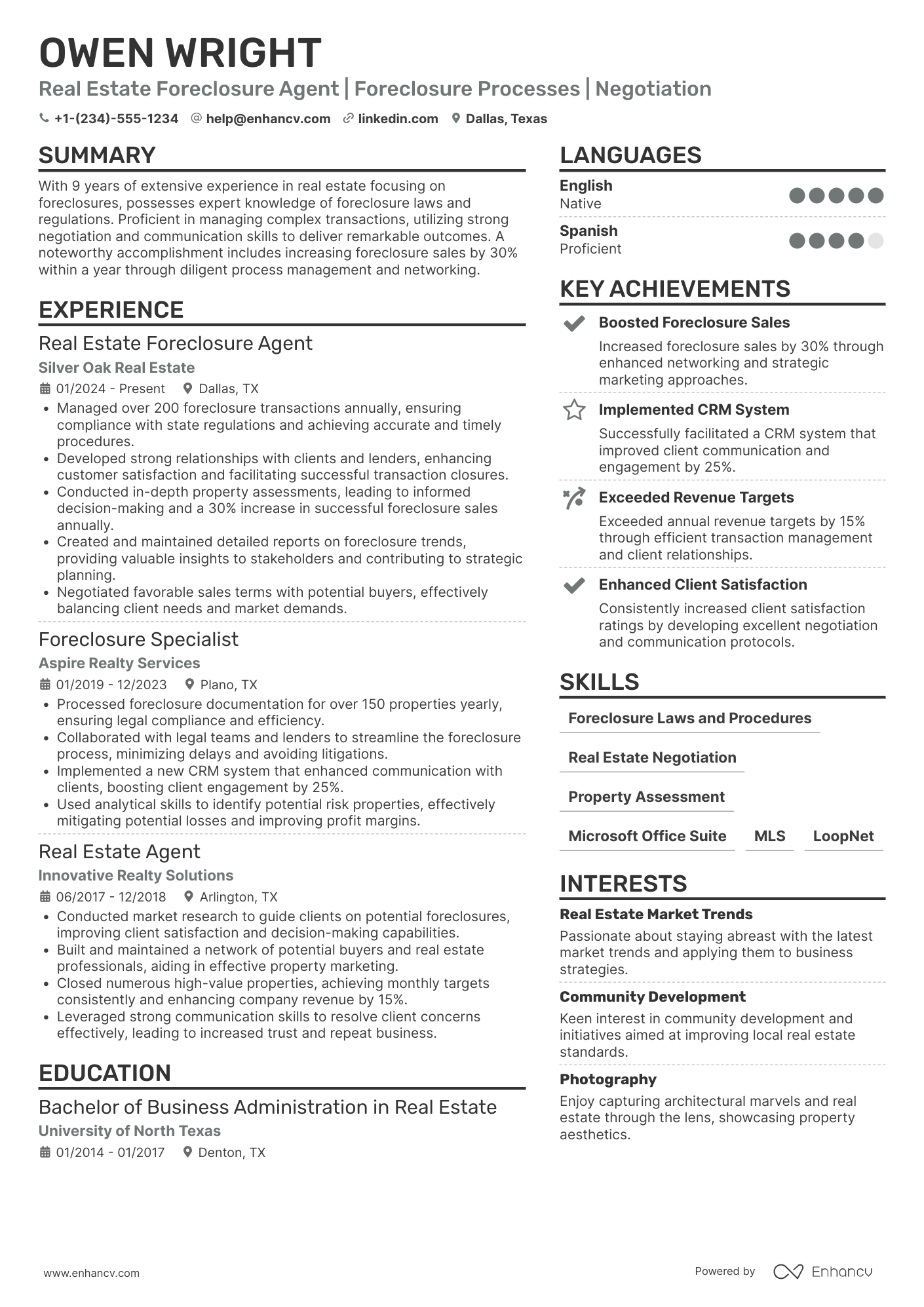 A resume example of a Real Estate Foreclosure Agent