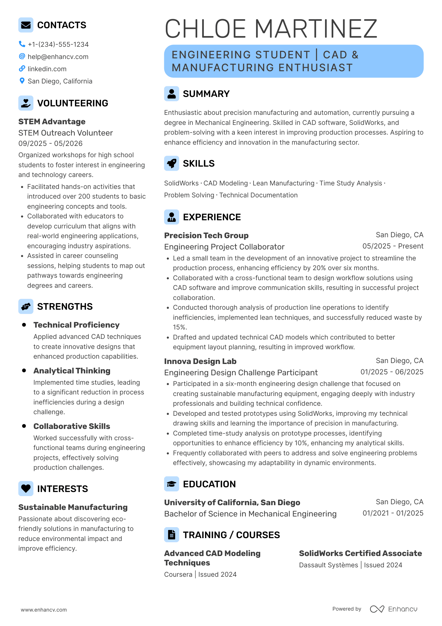 A resume example of a Engineering Student Manufacturing Intern