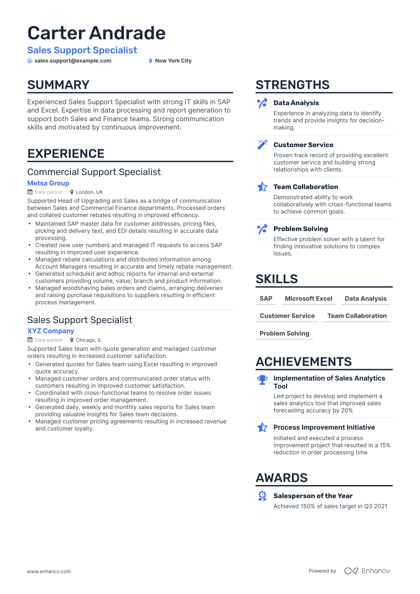 Simple Sales Support Specialist Resume Template