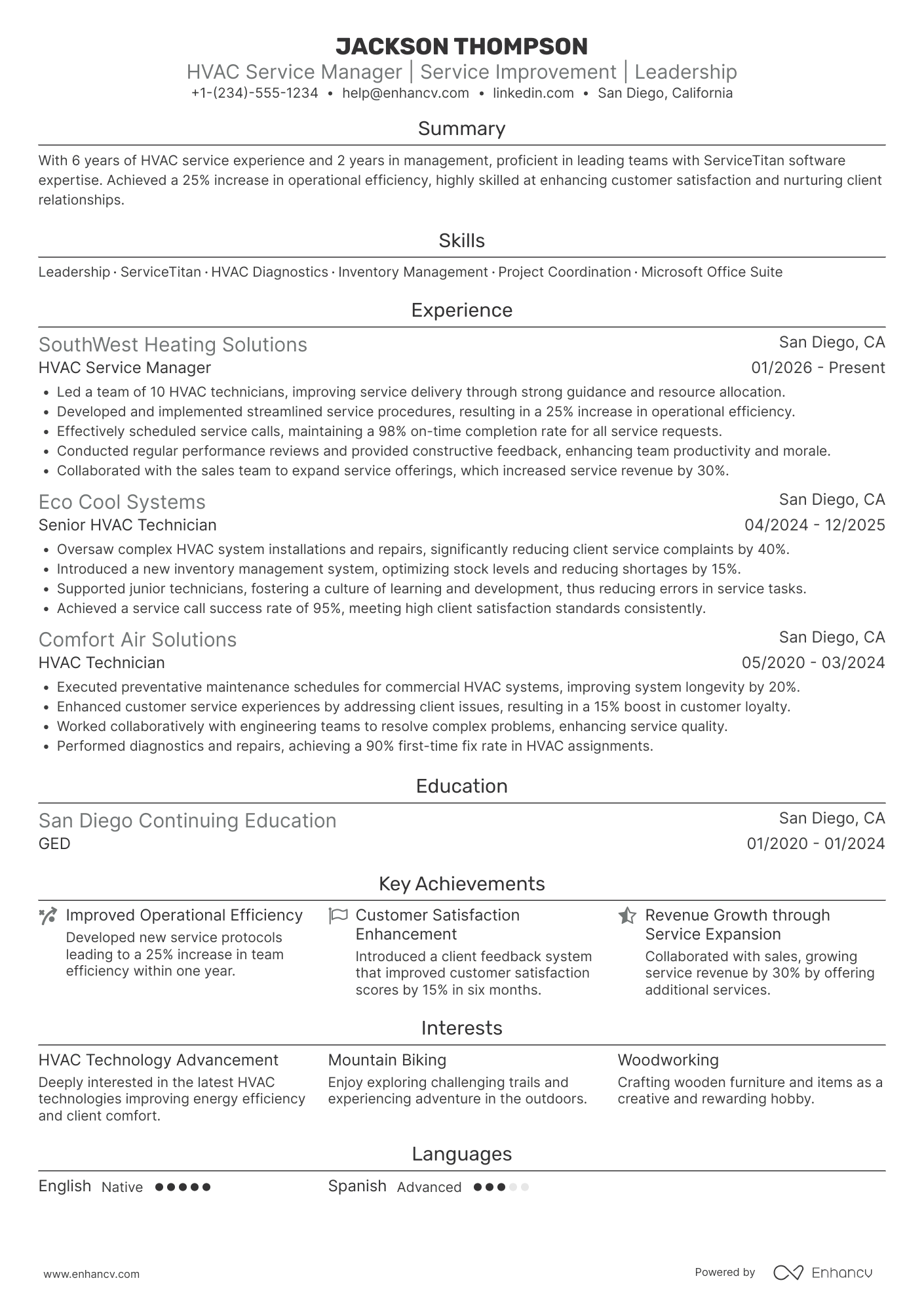 A resume example of a HVAC Service Manager