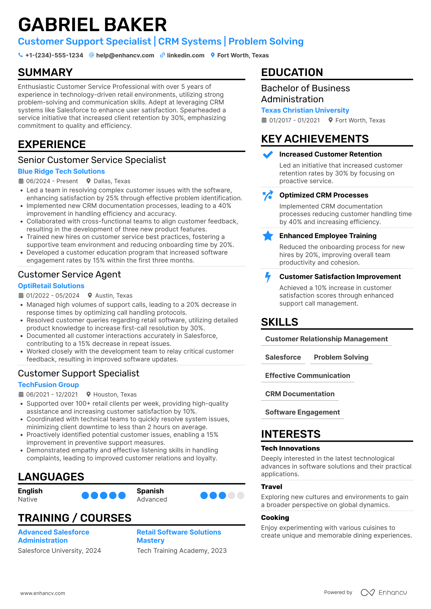 A resume example of a Customer Service Agent