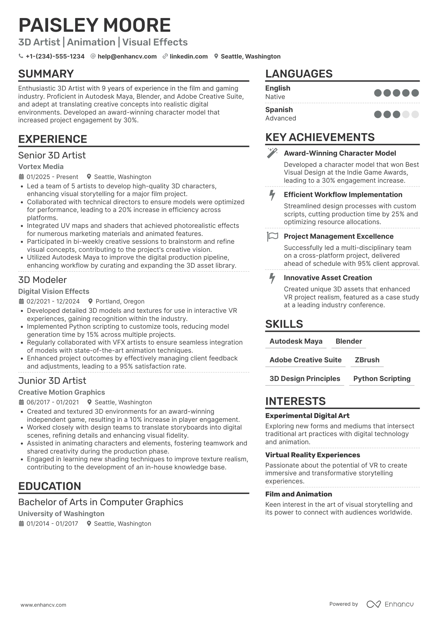A resume example of a 3D Artist