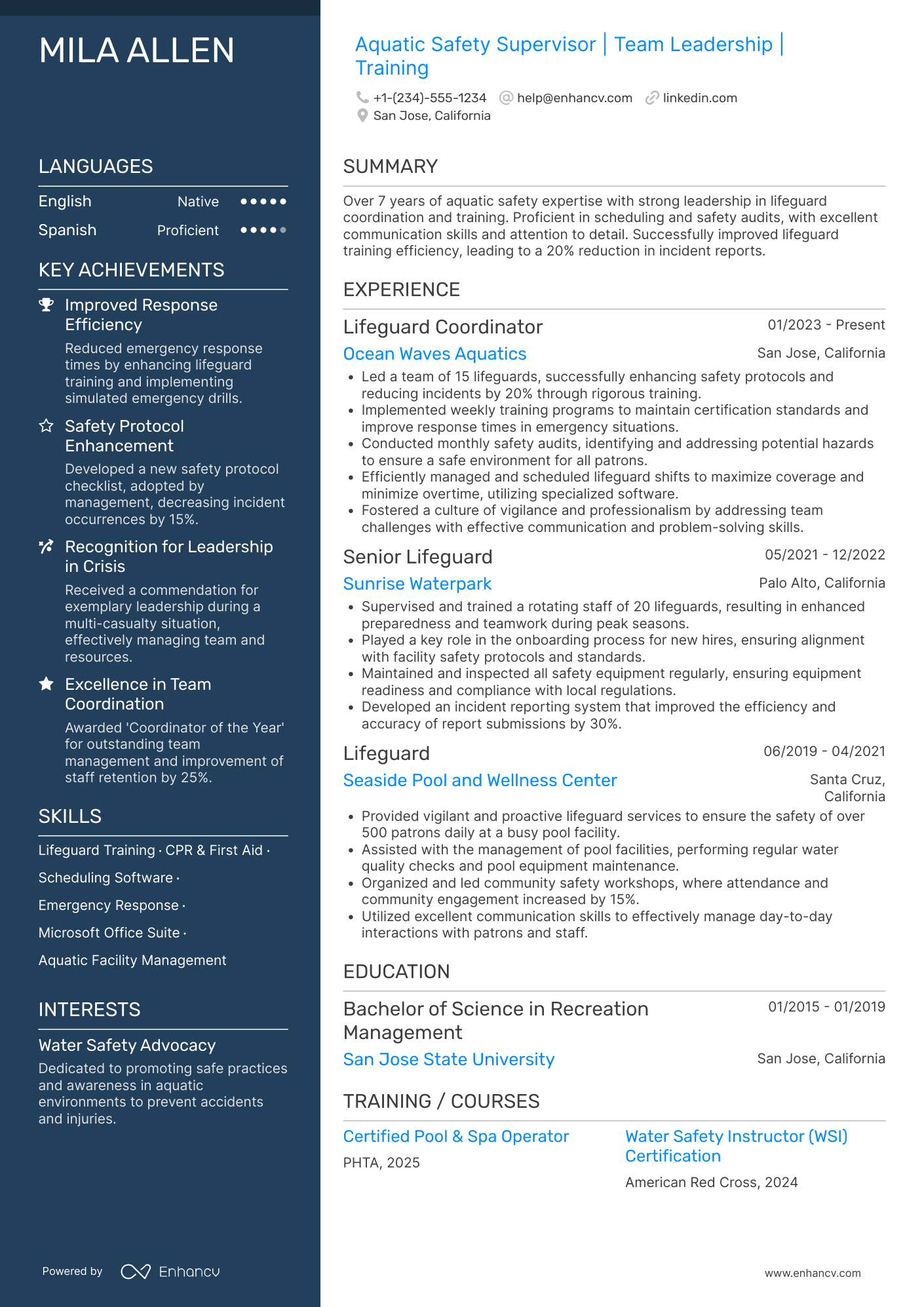 A resume example of a Lifeguard Coordinator