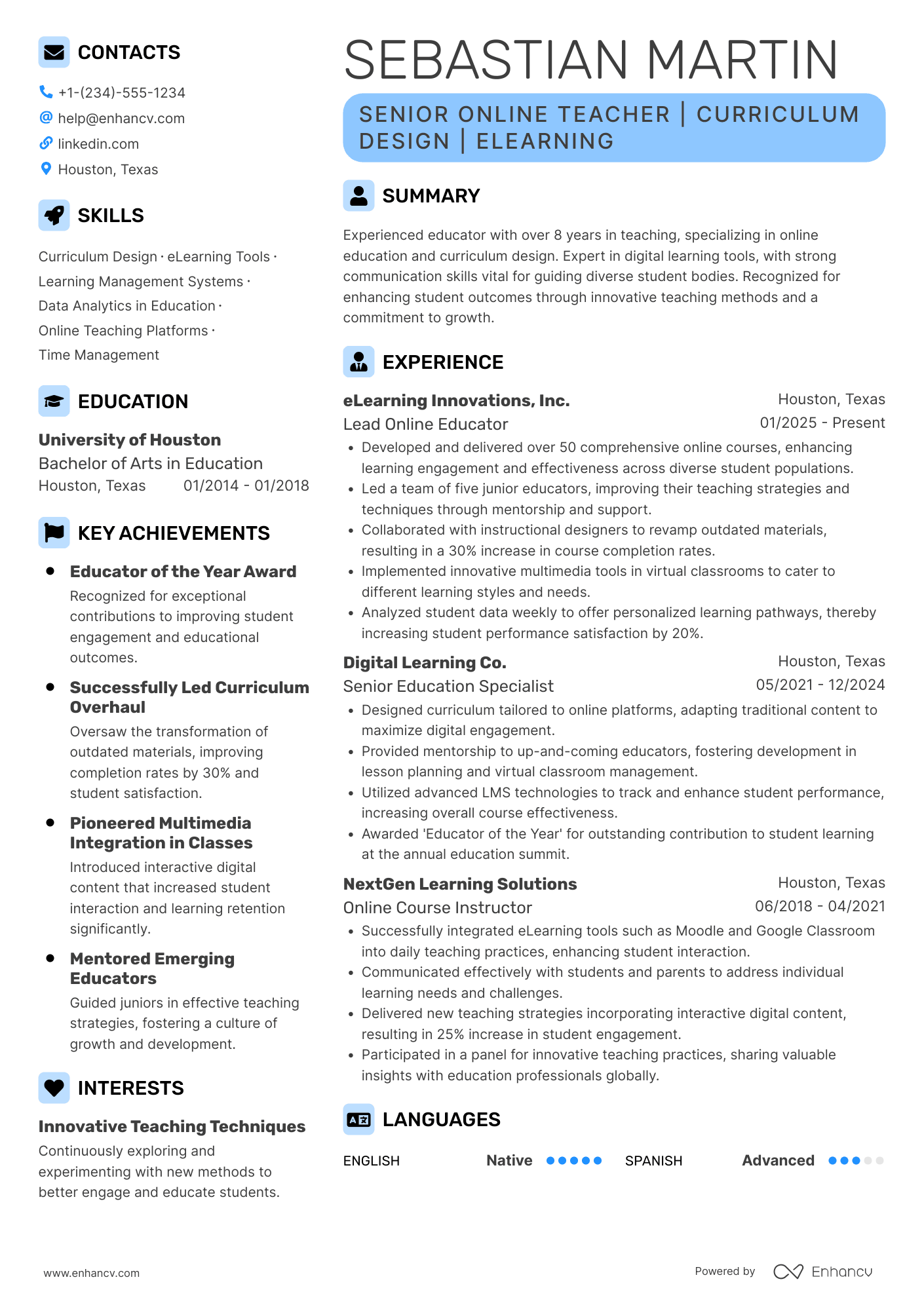 A resume example of a Senior Online Teacher