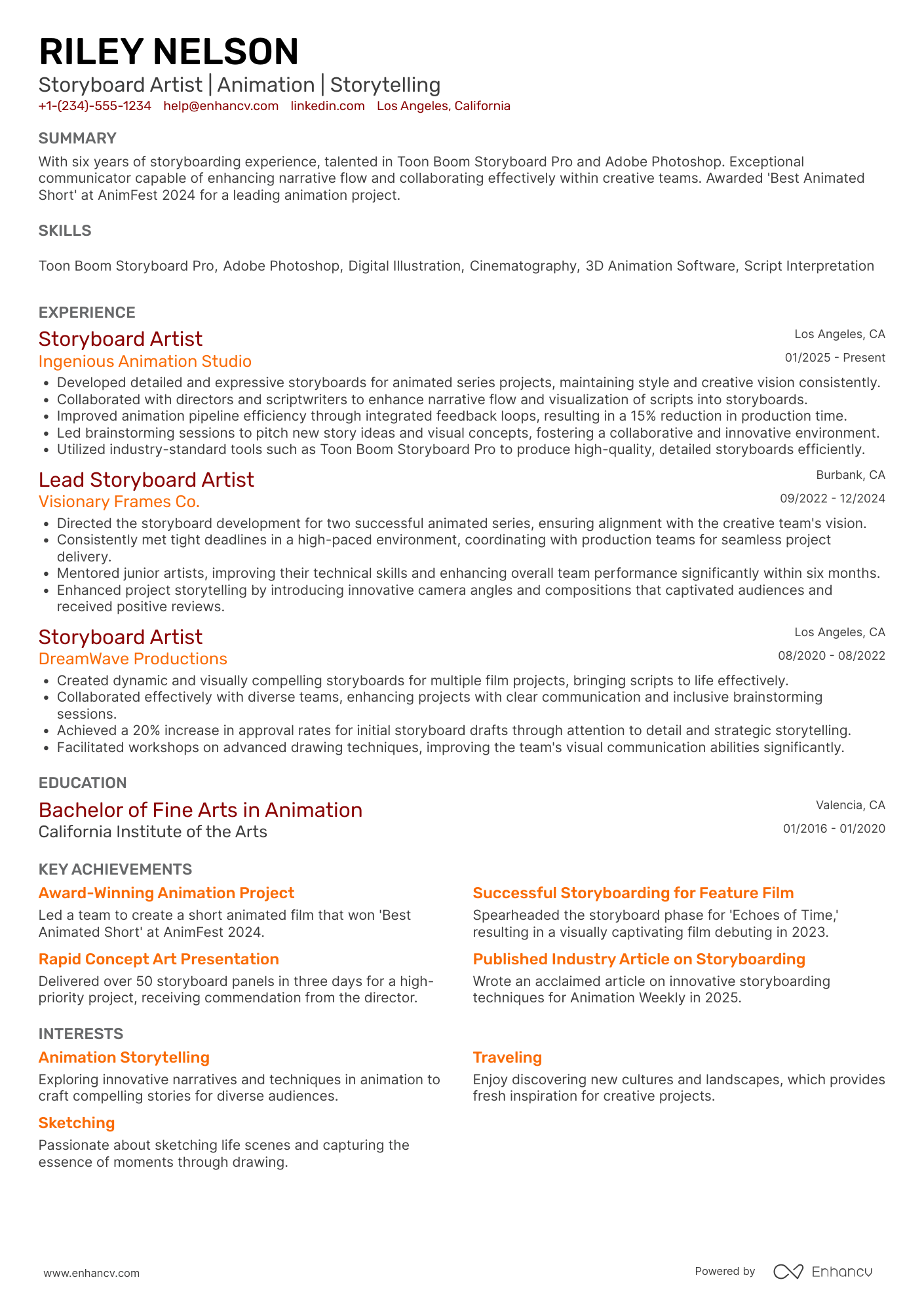 A resume example of a Storyboard Artist